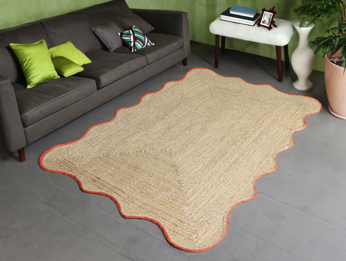 Handwoven Natural Jute Rug With Terracotta Scalloped Border Handmade Boho Area Rug