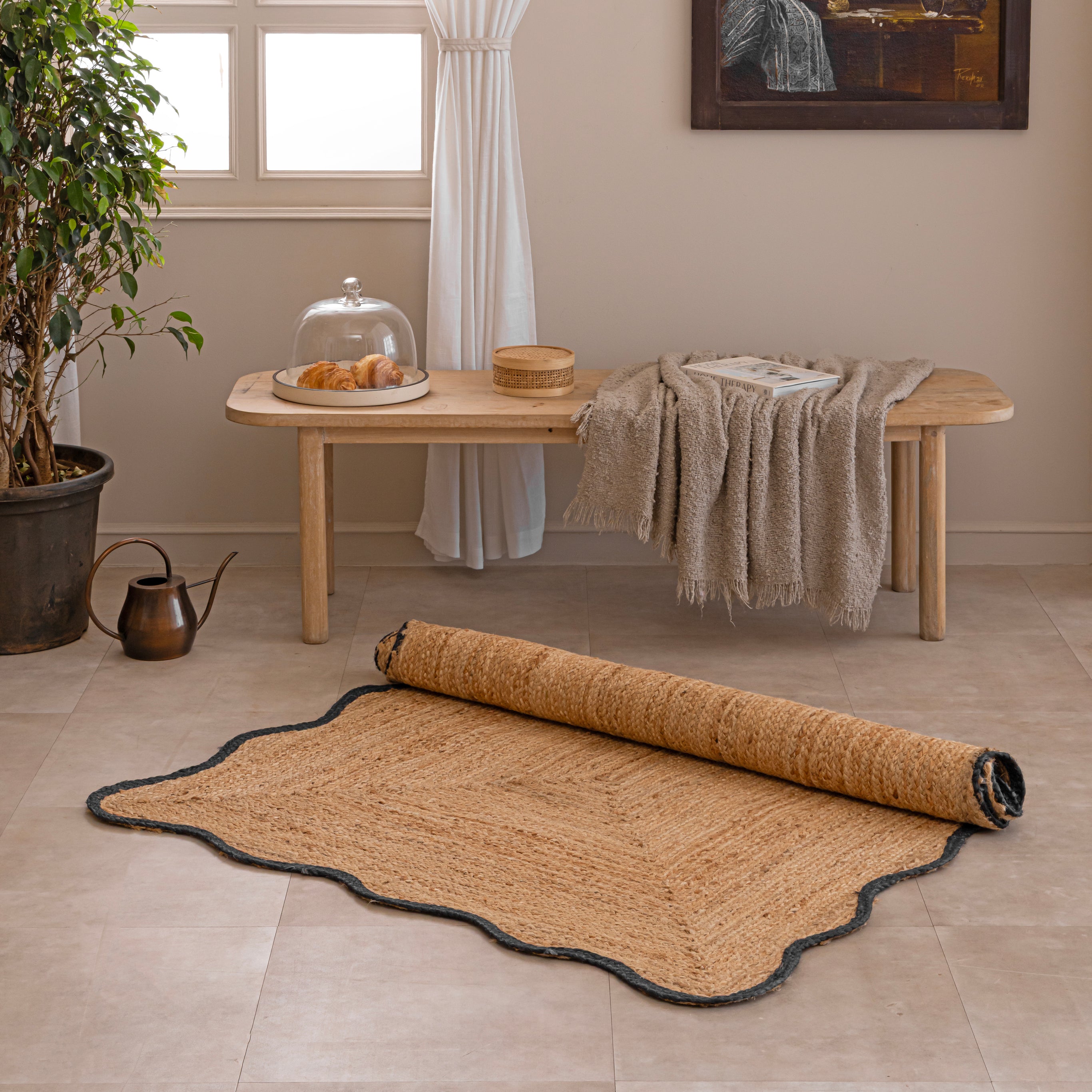 Handwoven Natural Jute Area Rug with Black Scalloped Border - Boho Scalloped Edge Braided