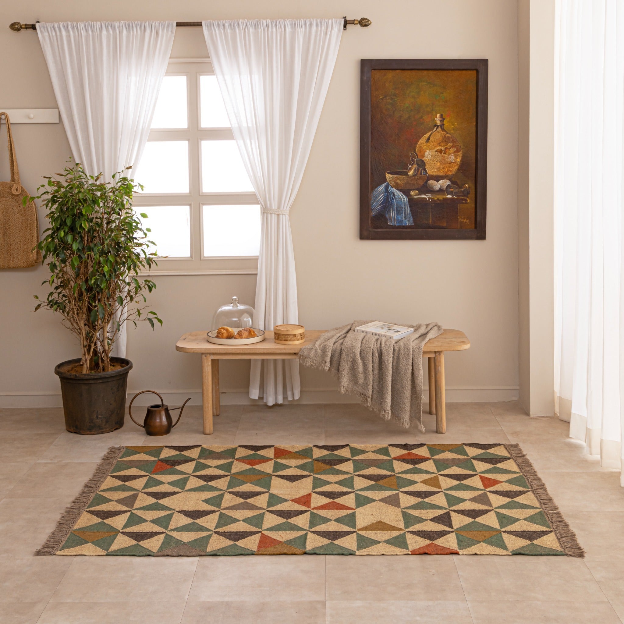Handmade Geometric Jute Rug - Boho Tribal Flatweave Area Rug with Fringe