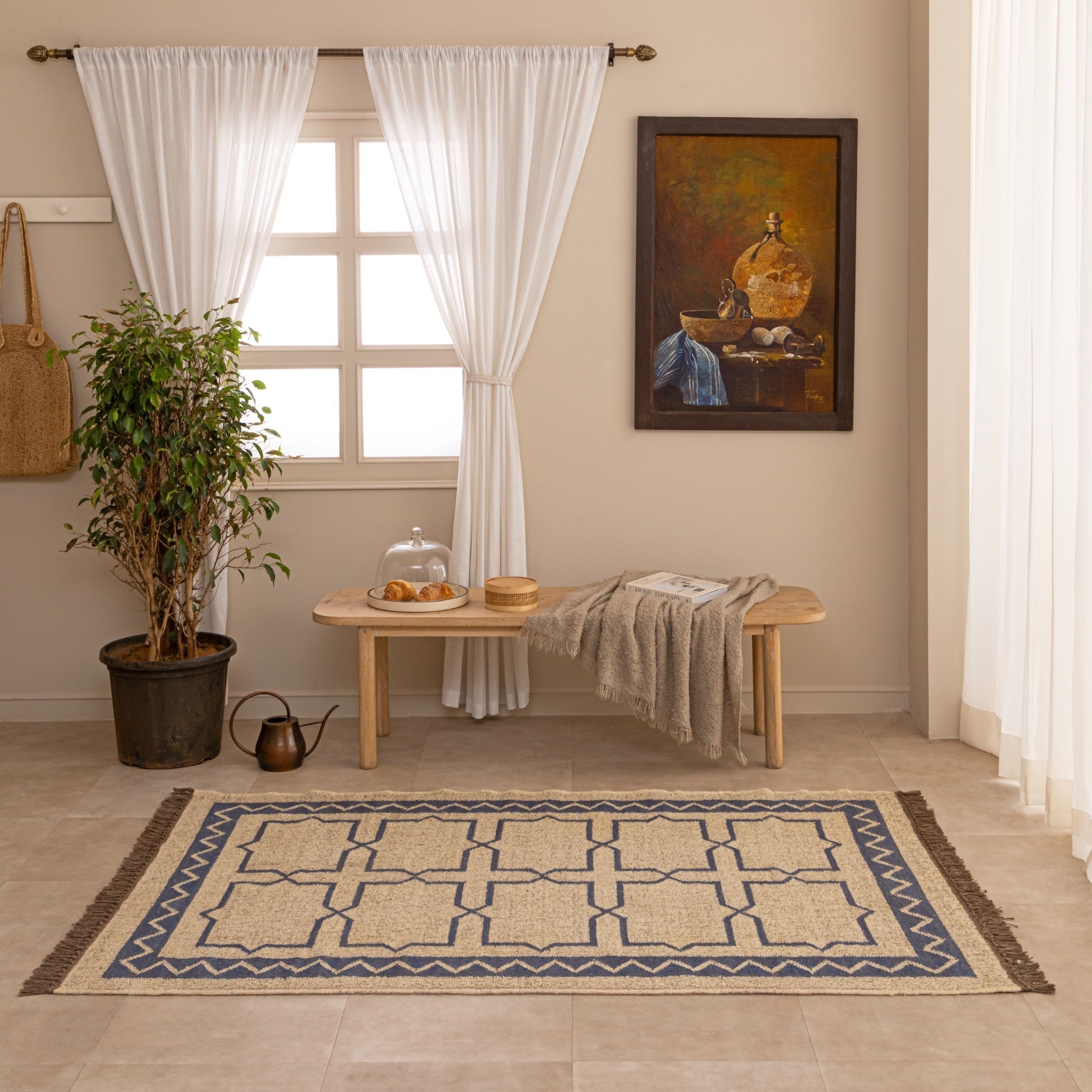 Handmade Blue & Beige Jute Rug - Geometric Moroccan Style Area Rug