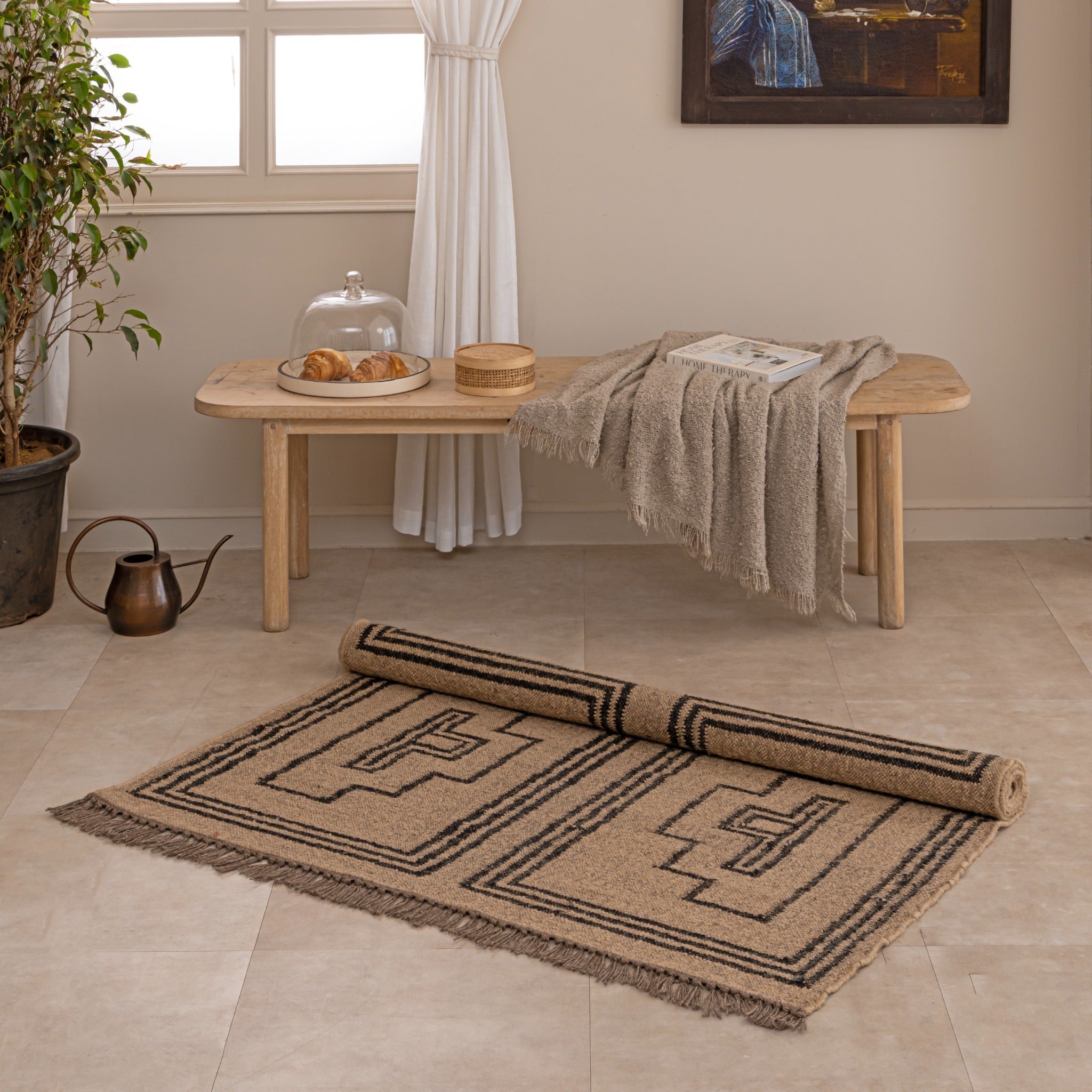 Handwoven Beige & Black Geometric Jute Rug - Tribal Boho Area for Living Room & Bedroom