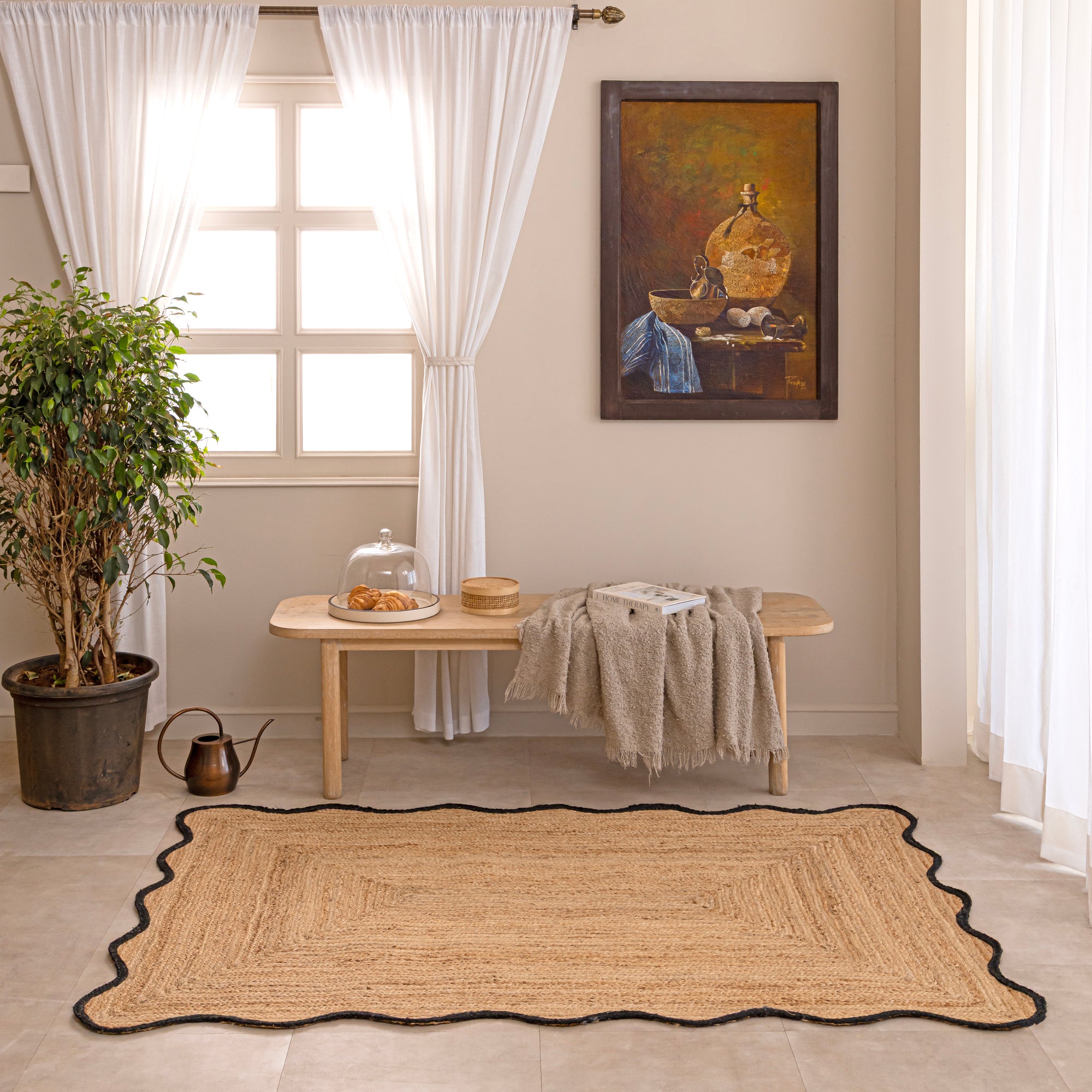 Handwoven Natural Jute Area Rug with Black Scalloped Border - Boho Scalloped Edge Braided