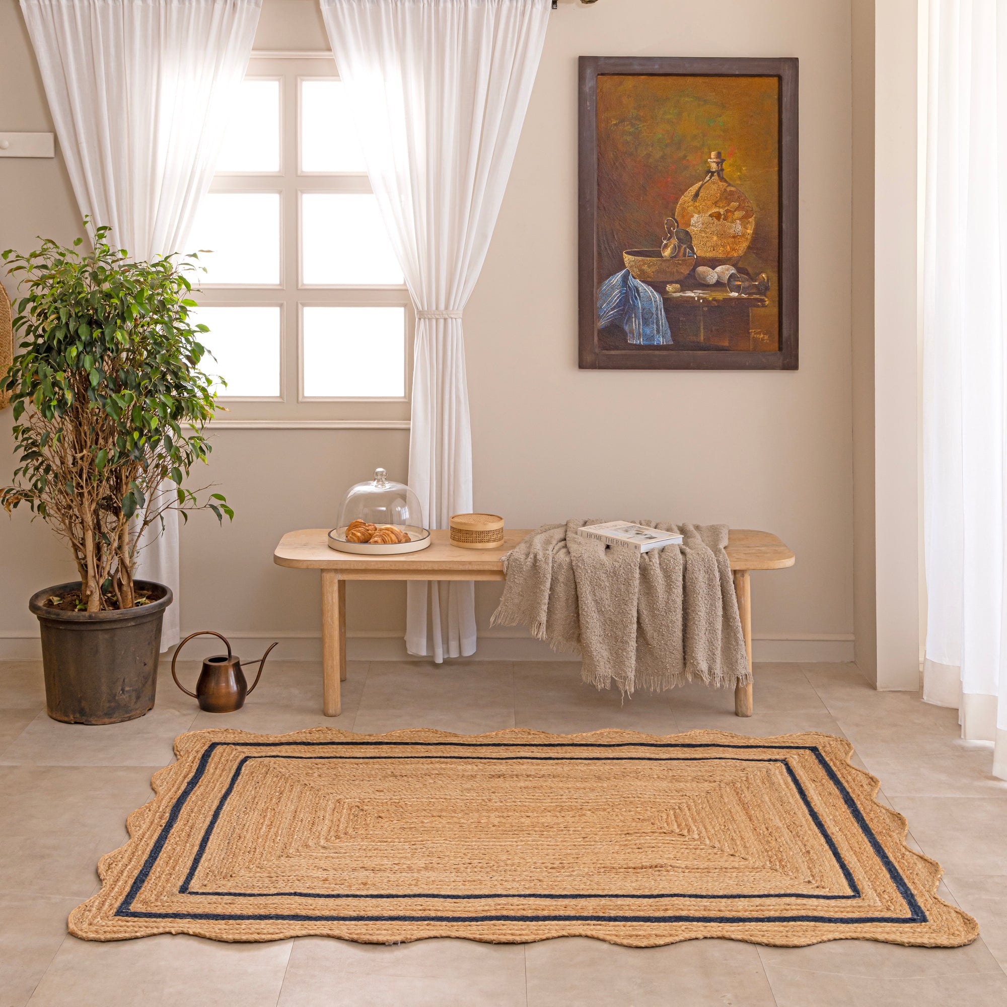 Handwoven Natural Jute Area Rug with Navy Blue Double Striped Border