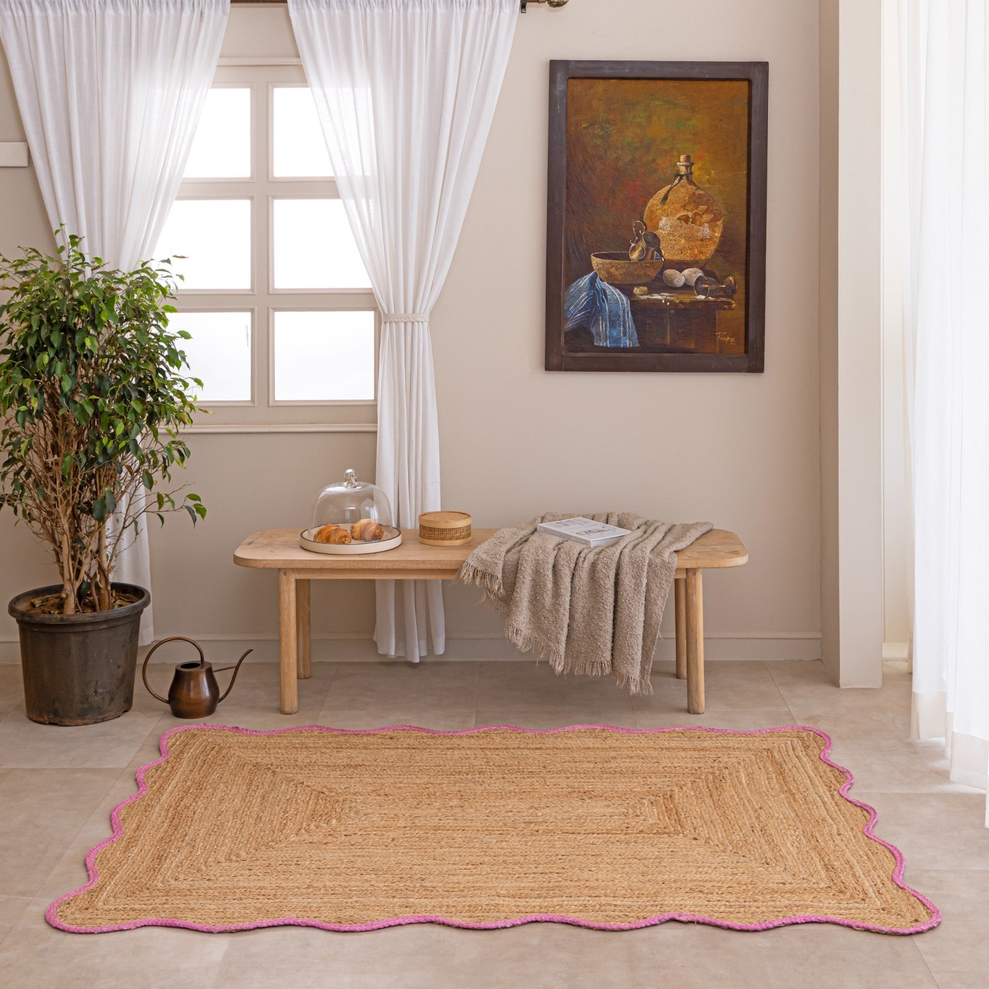 Handwoven Jute Area Rug with Pink Scalloped Border Natural Fiber Bohemian Floor Mat