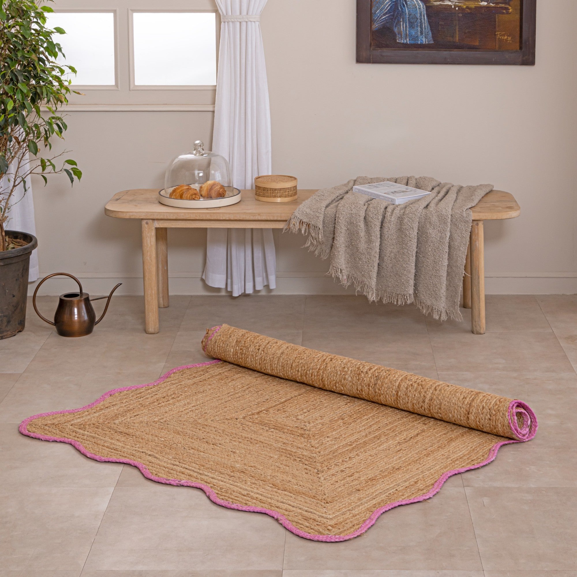 Handwoven Jute Area Rug with Pink Scalloped Border Natural Fiber Bohemian Floor Mat