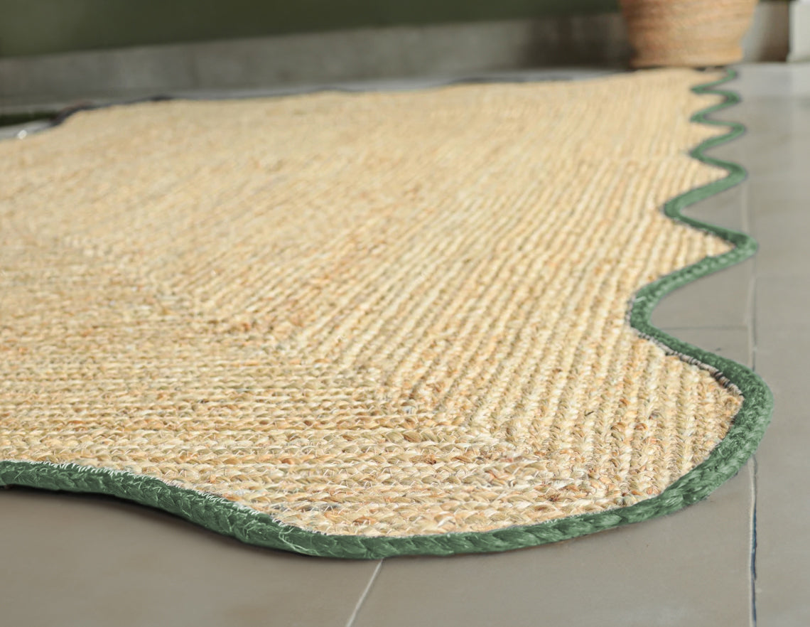 Handwoven Natural Jute Scalloped Rug with Green Braided Handmade Area Rug