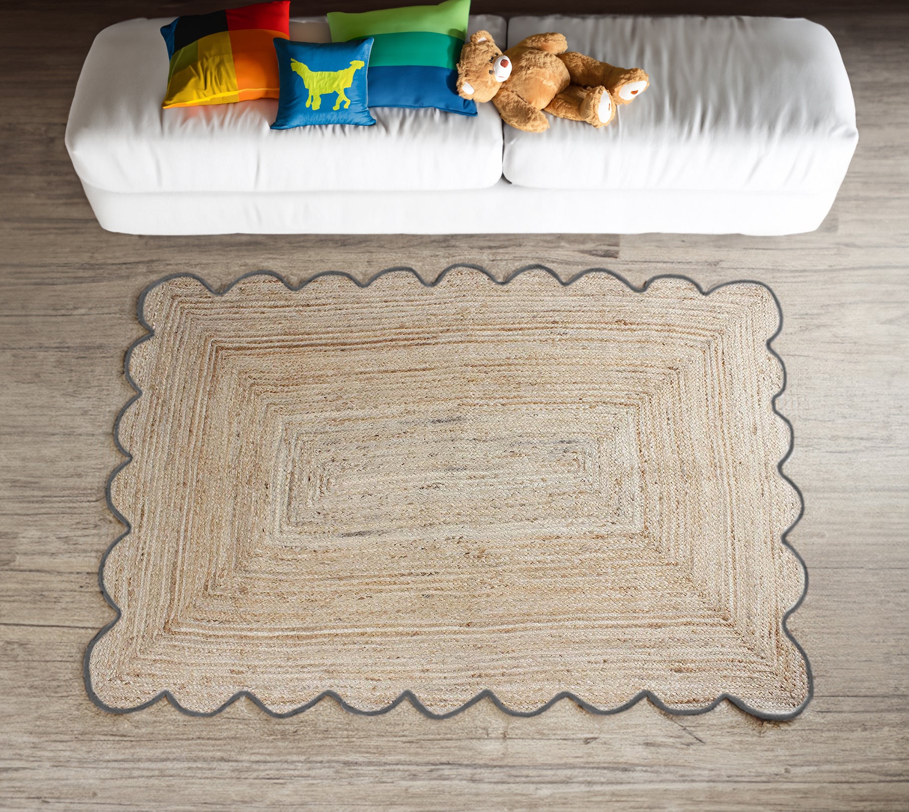 Handwoven Natural Jute Rug with Charcoal Scalloped Border