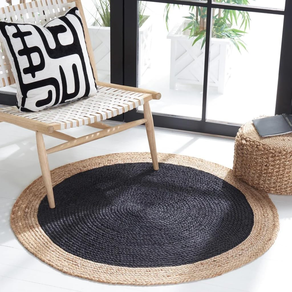 Handwoven Round Jute Rug Two-Tone Black & Natural Braided Area Rug