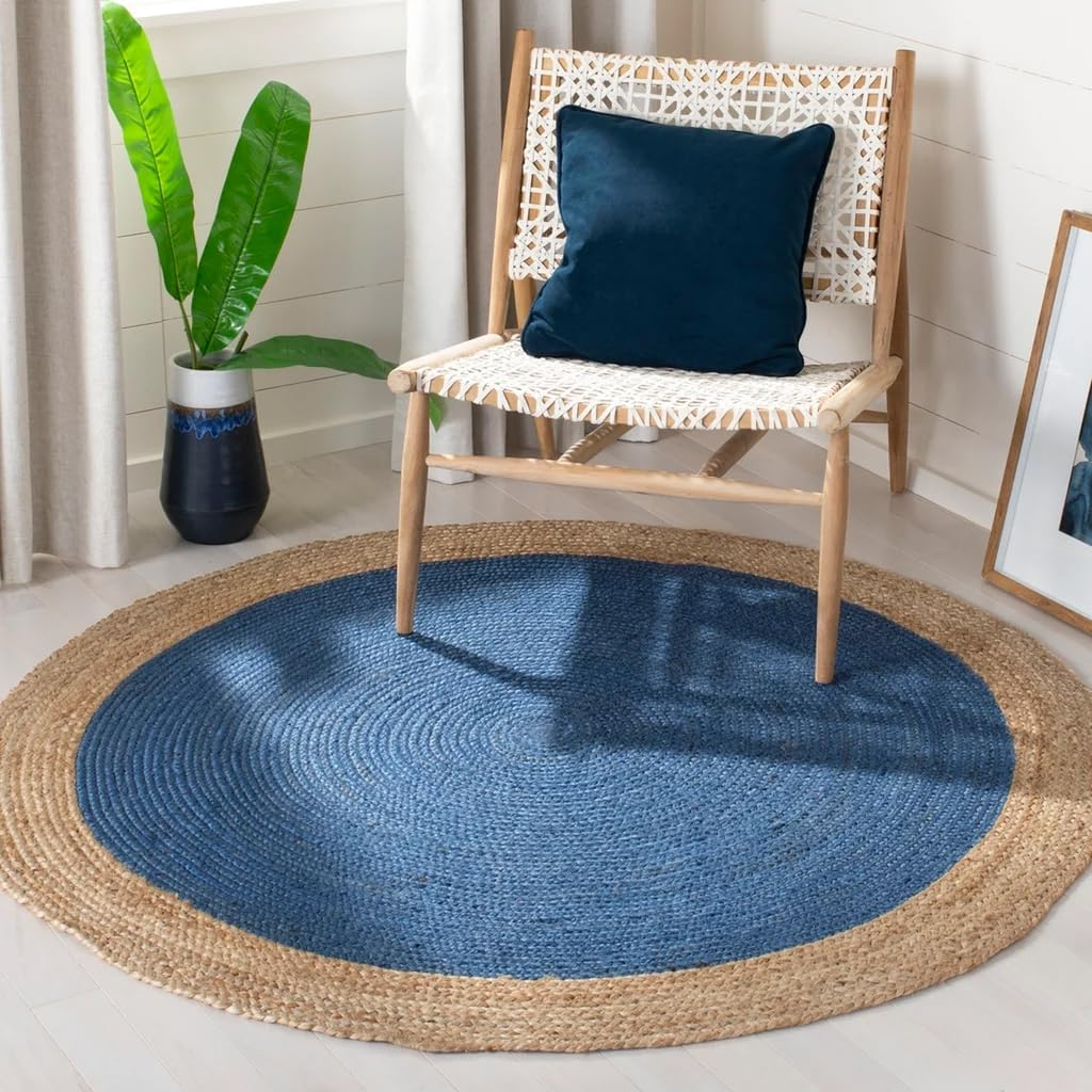 Handwoven Round Jute Rug Royal Blue & Natural Two-Tone Braided Area Rug