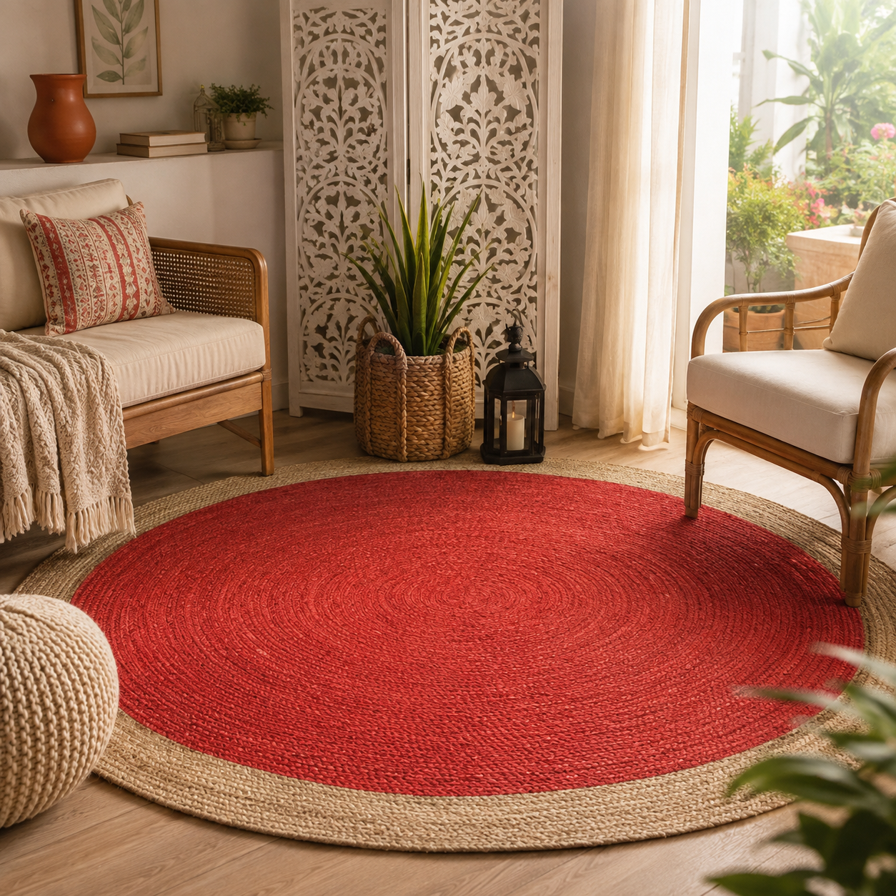 Handmade red round braided jute rug with a natural beige border, placed in a bright boho-style living room with indoor plants and wooden flooring.