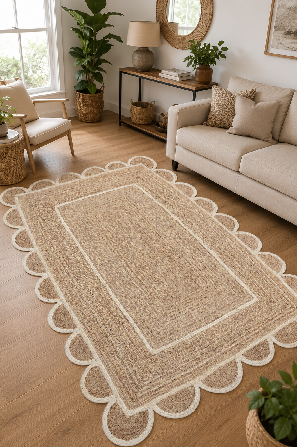 Handwoven natural jute scalloped rectangular area rug with ivory border styled in a modern Scandinavian living room.