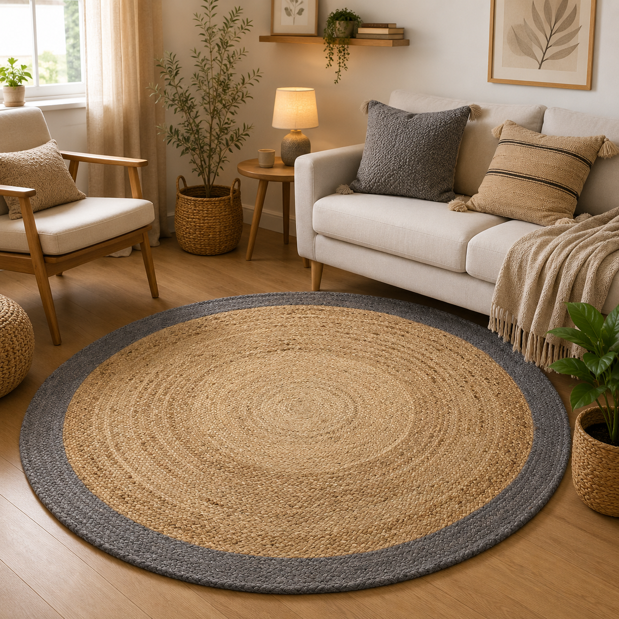 Handmade Round Jute Rug with Grey Border Natural Braided Area for Living Room