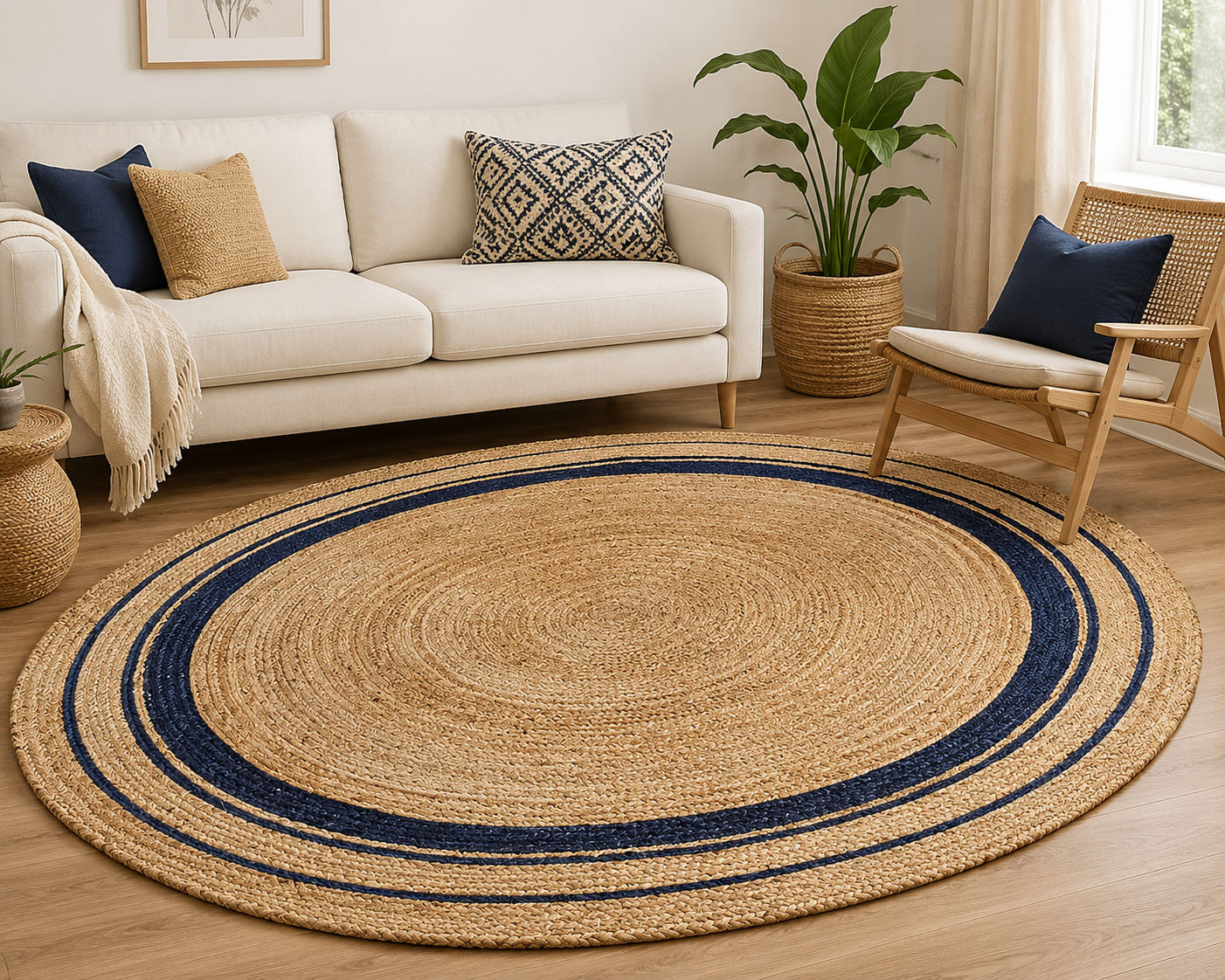 Navy Blue Jute Round Rug Natural Area Rug Boho Farmhouse Living Room Rug