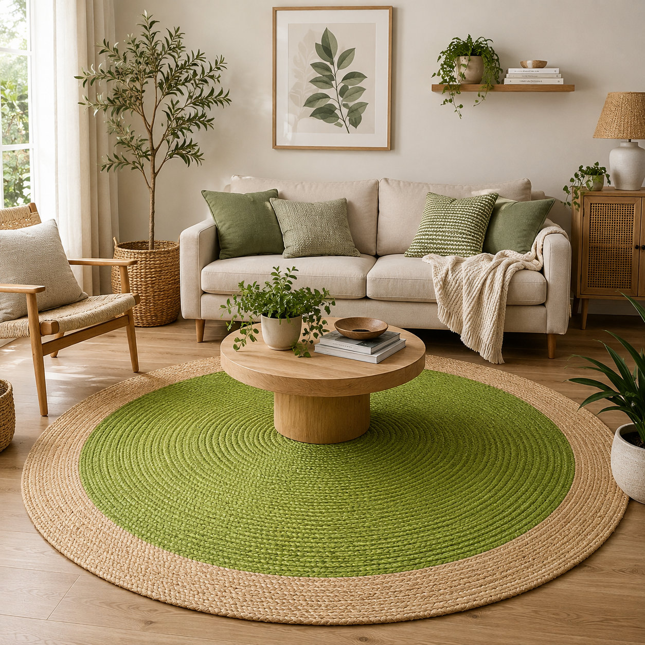 Handmade green round braided jute rug with a natural beige border in a cozy modern living room, featuring a wooden coffee table, neutral sofa, and indoor plants.