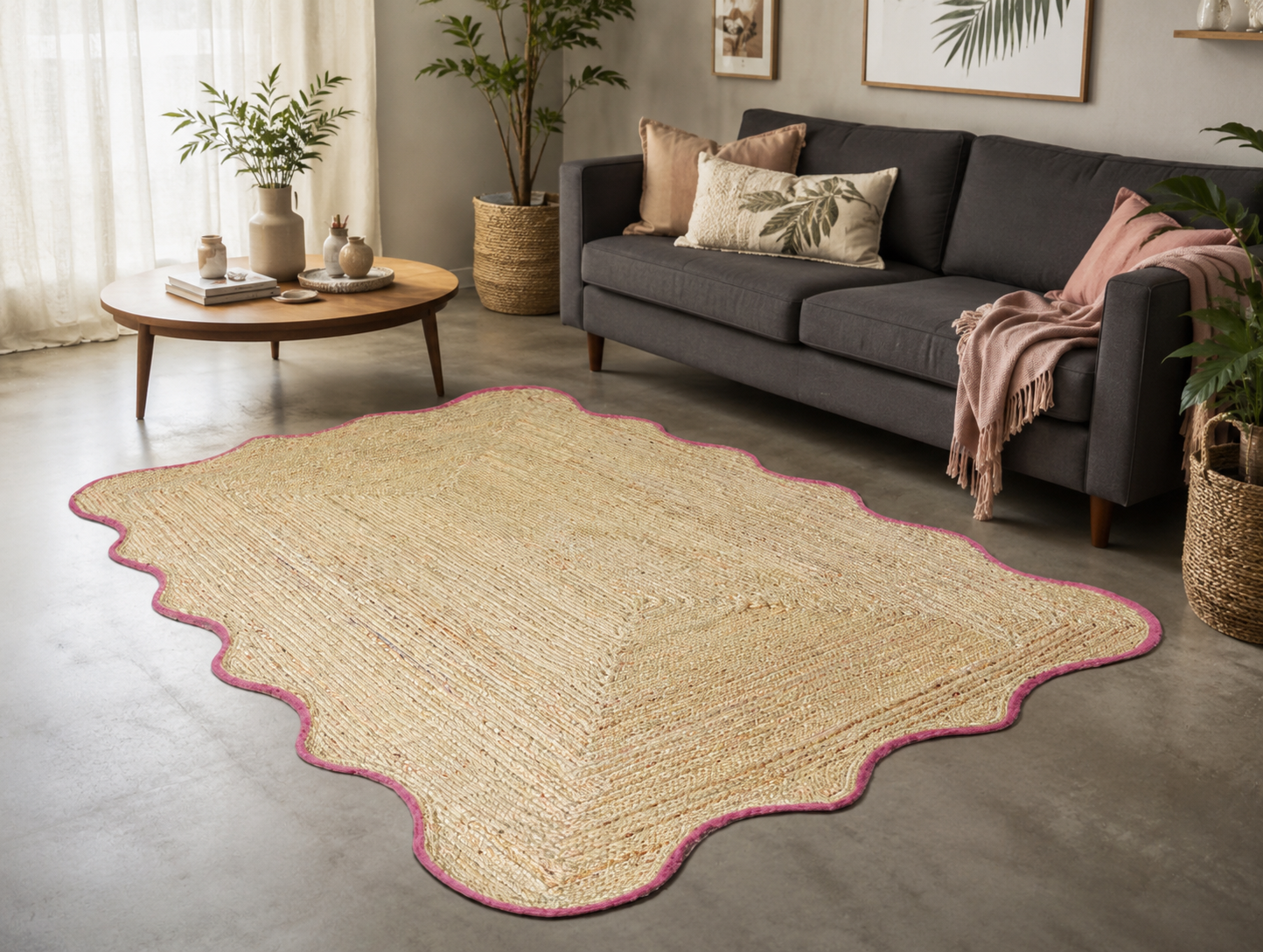 Handwoven natural jute scalloped area rug with pink border placed in a modern living room featuring a charcoal grey sofa.