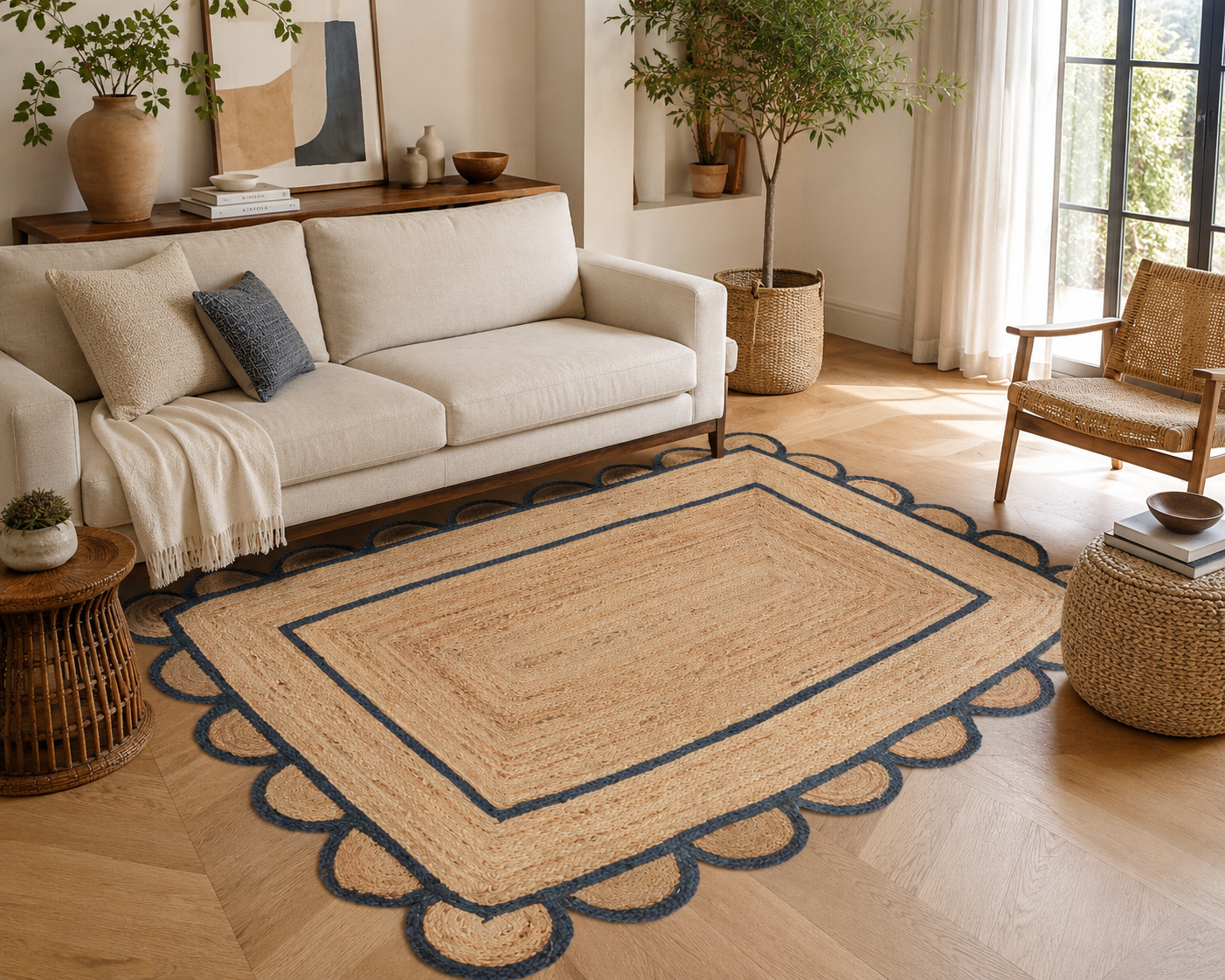 Handwoven Natural Jute Area Rug with Navy Blue Scalloped Border Boho Farmhouse Living Room