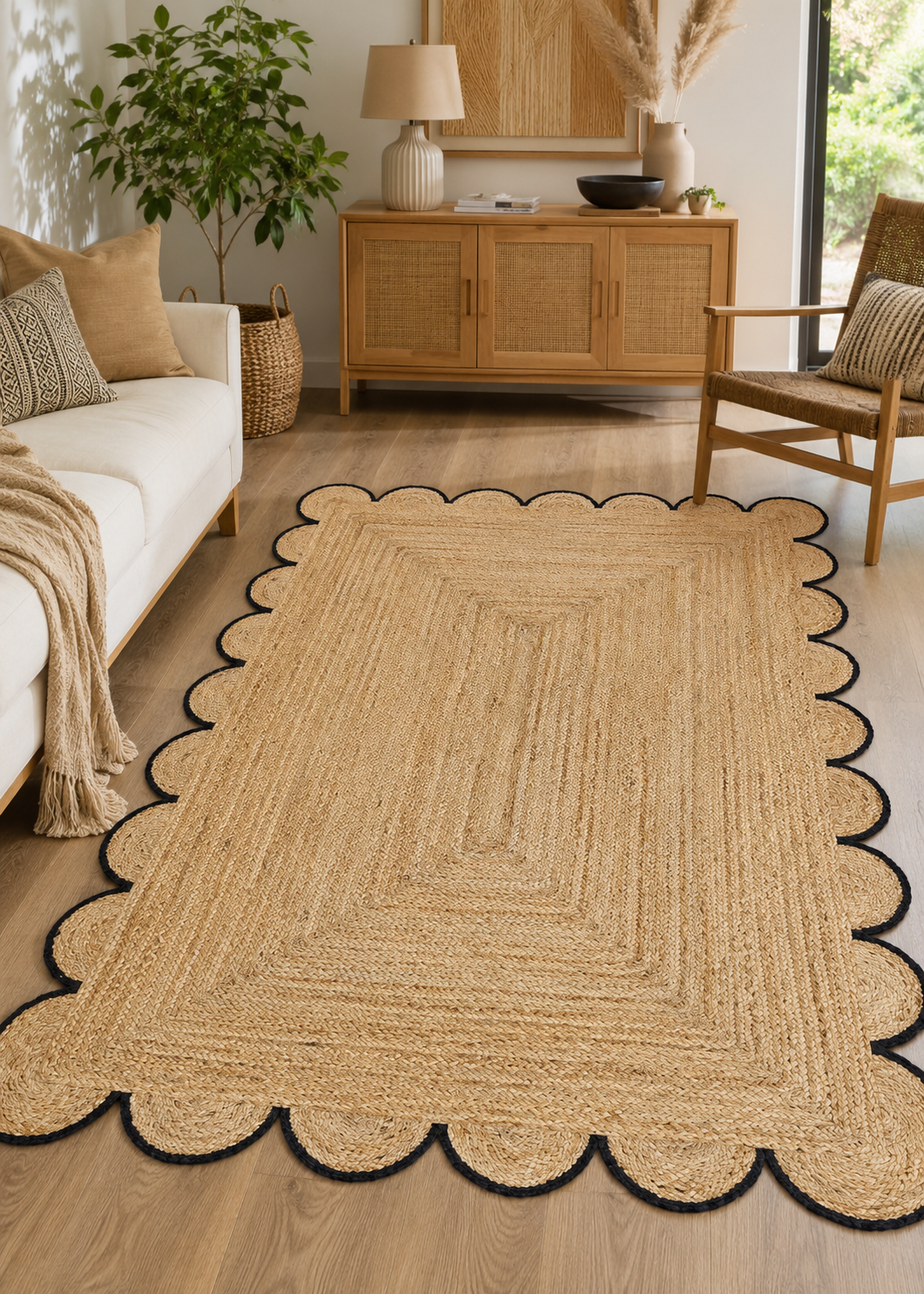 Handwoven Natural Jute Rug with Black Scalloped Border | Eco-Friendly Boho Farmhouse Area Rug | Handmade Natural Fiber Carpet