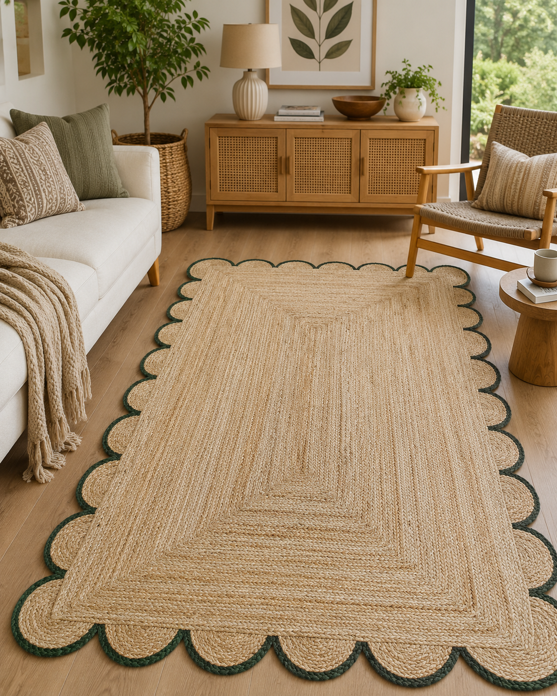 Handwoven Natural Jute Rug with Forest Green Scalloped Border | Eco-Friendly Boho Farmhouse Area Rug | Handmade Natural Fiber Carpet