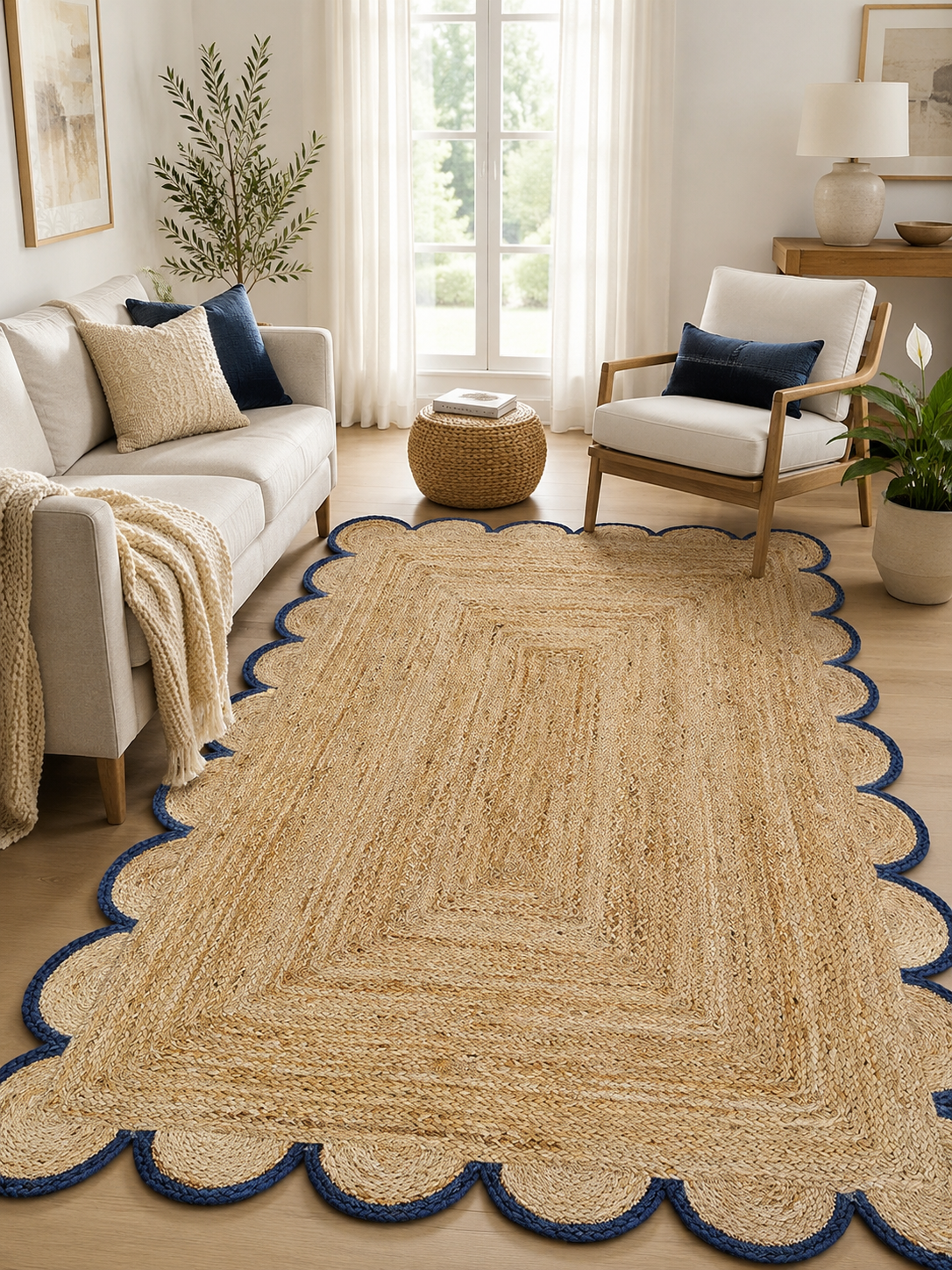 Handmade natural jute scalloped border area rug with blue trim in a bright farmhouse style living room.