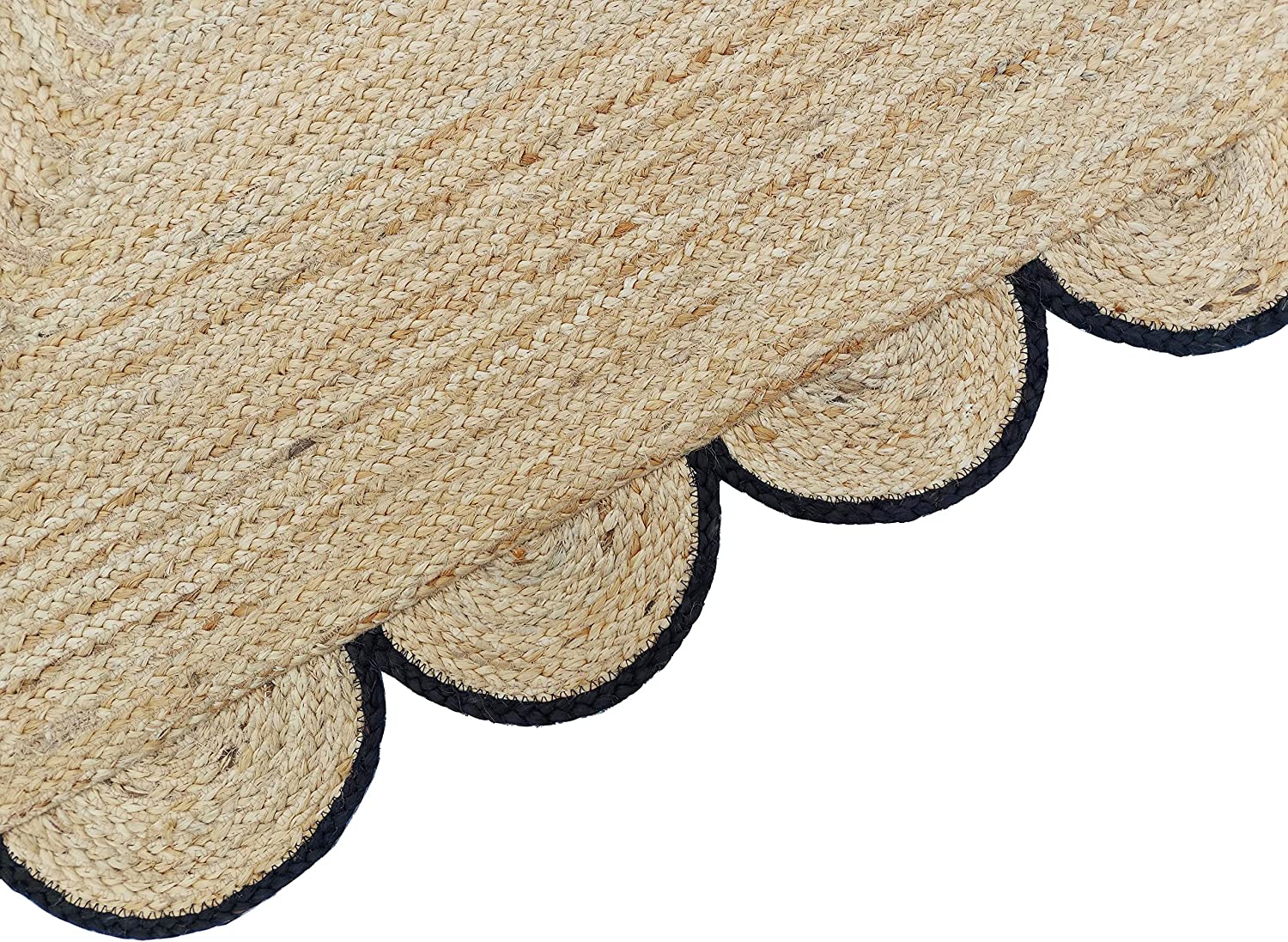 Handwoven Natural Jute Rug with Black Scalloped Border | Eco-Friendly Boho Farmhouse Area Rug | Handmade Natural Fiber Carpet