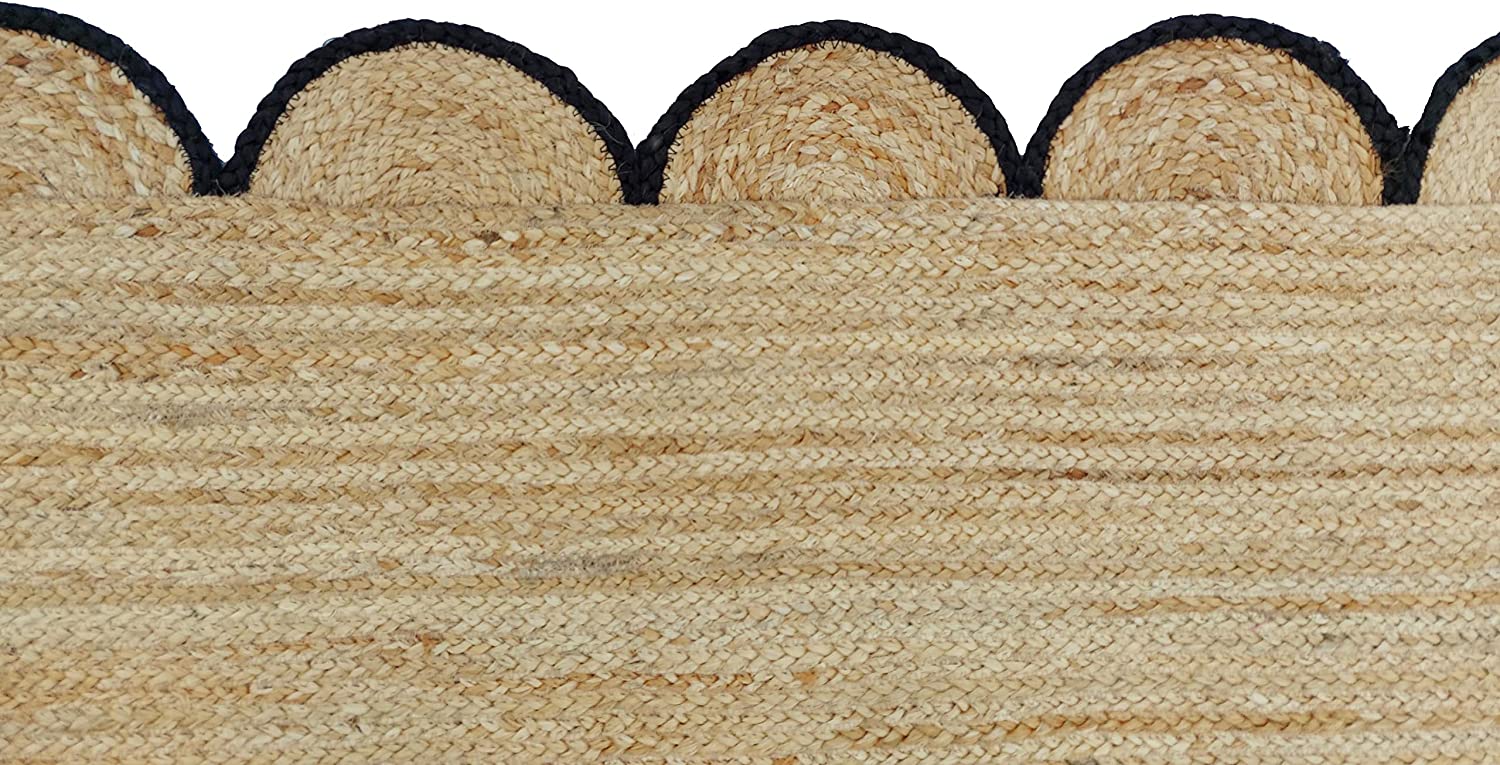 Handwoven Natural Jute Rug with Black Scalloped Border | Eco-Friendly Boho Farmhouse Area Rug | Handmade Natural Fiber Carpet