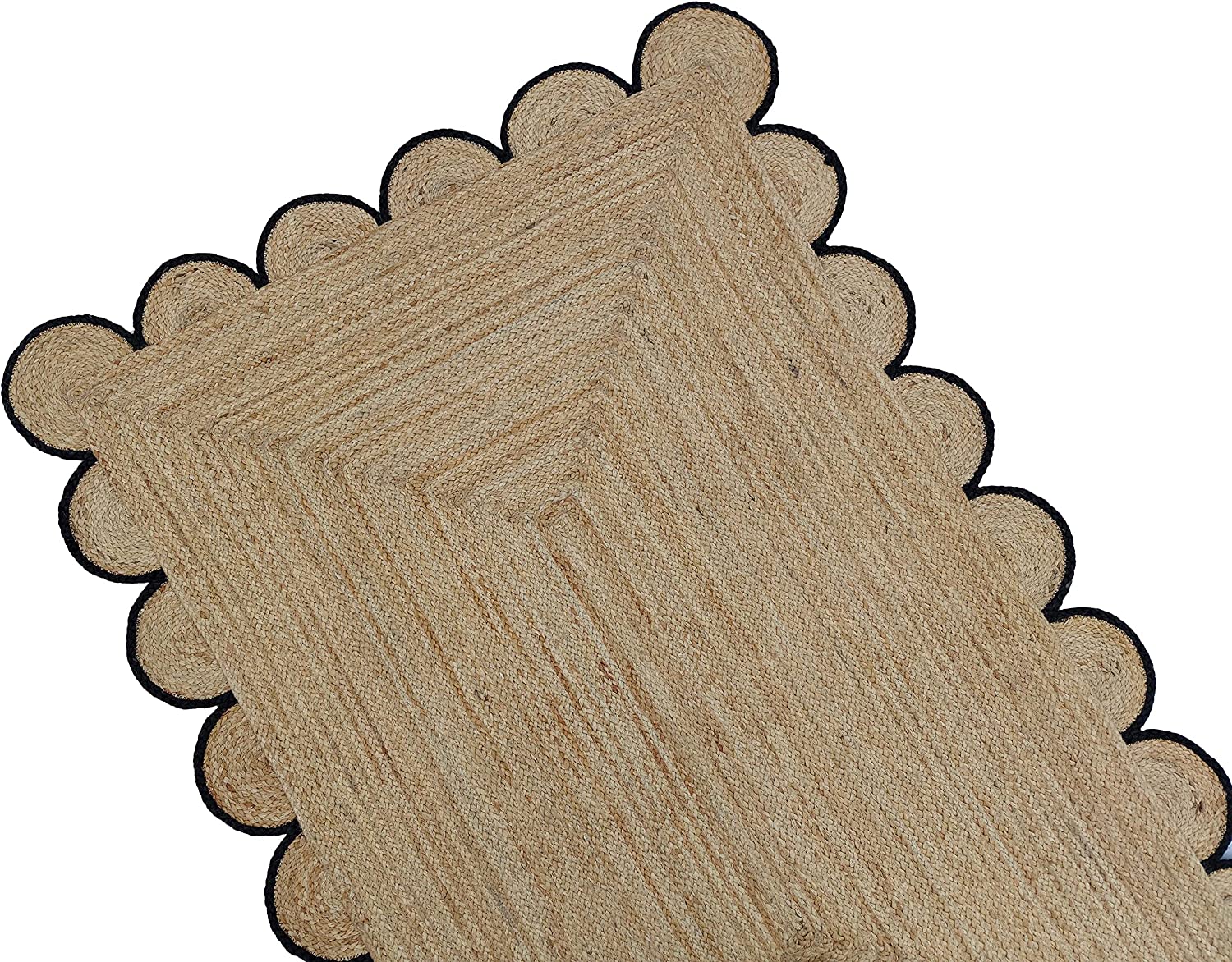 Handwoven Natural Jute Rug with Black Scalloped Border | Eco-Friendly Boho Farmhouse Area Rug | Handmade Natural Fiber Carpet
