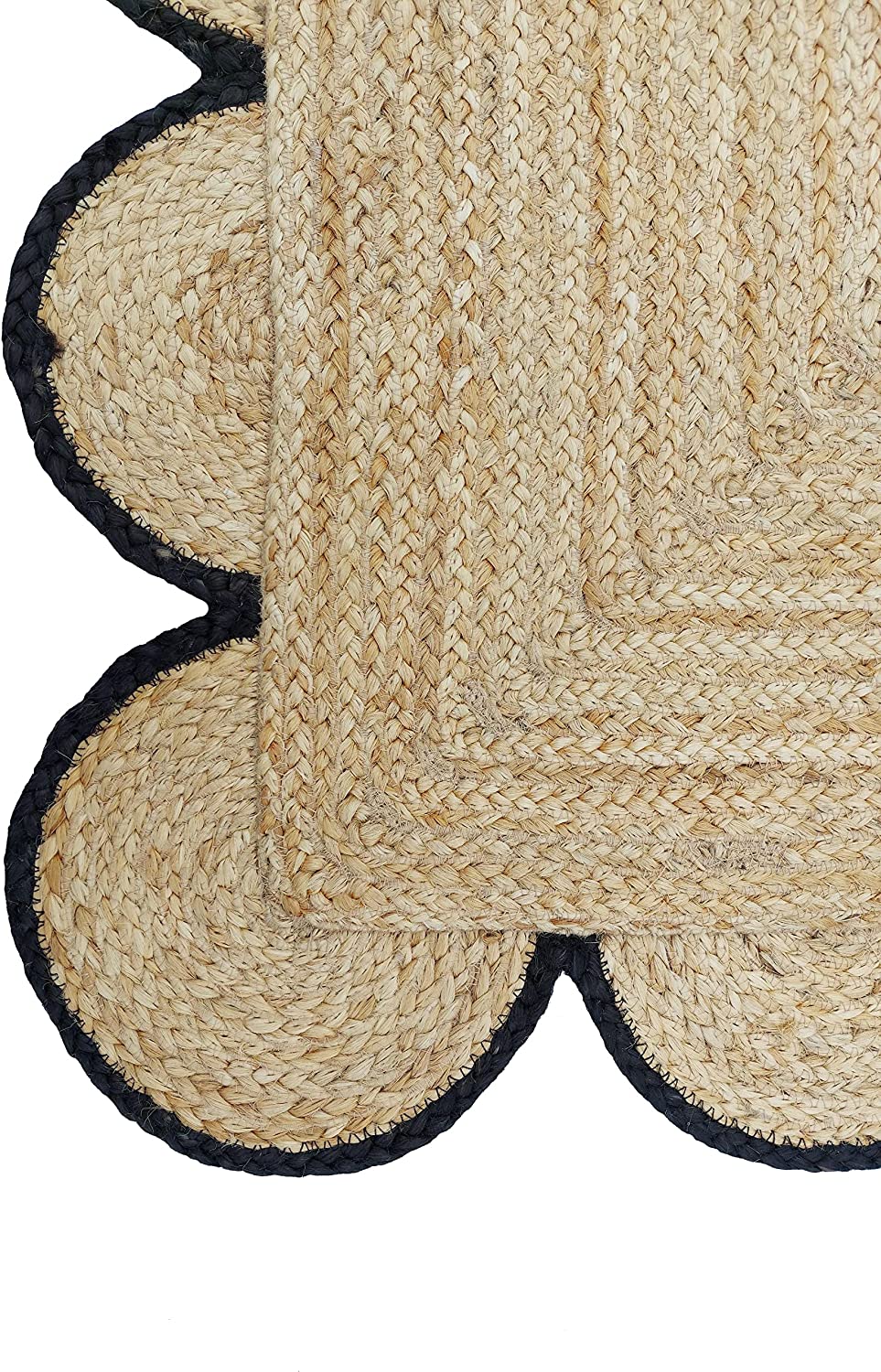 Handwoven Natural Jute Rug with Black Scalloped Border | Eco-Friendly Boho Farmhouse Area Rug | Handmade Natural Fiber Carpet