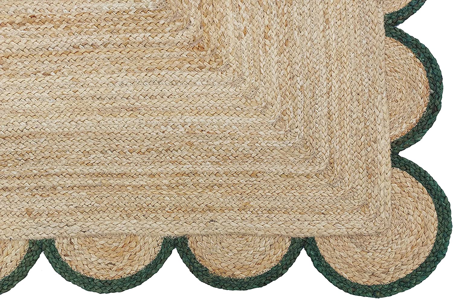 Handwoven Natural Jute Rug with Forest Green Scalloped Border | Eco-Friendly Boho Farmhouse Area Rug | Handmade Natural Fiber Carpet