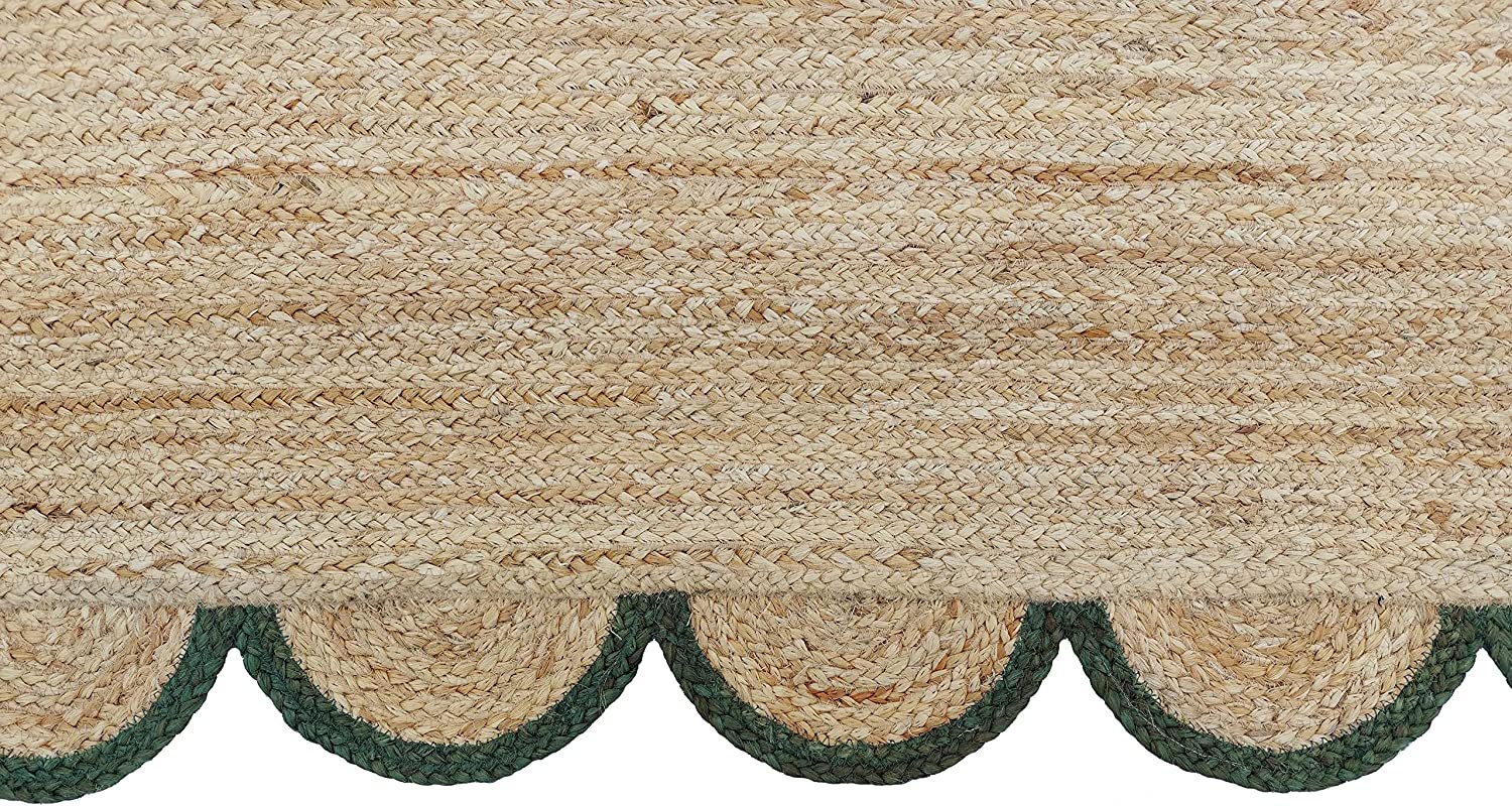 Handwoven Natural Jute Rug with Forest Green Scalloped Border | Eco-Friendly Boho Farmhouse Area Rug | Handmade Natural Fiber Carpet