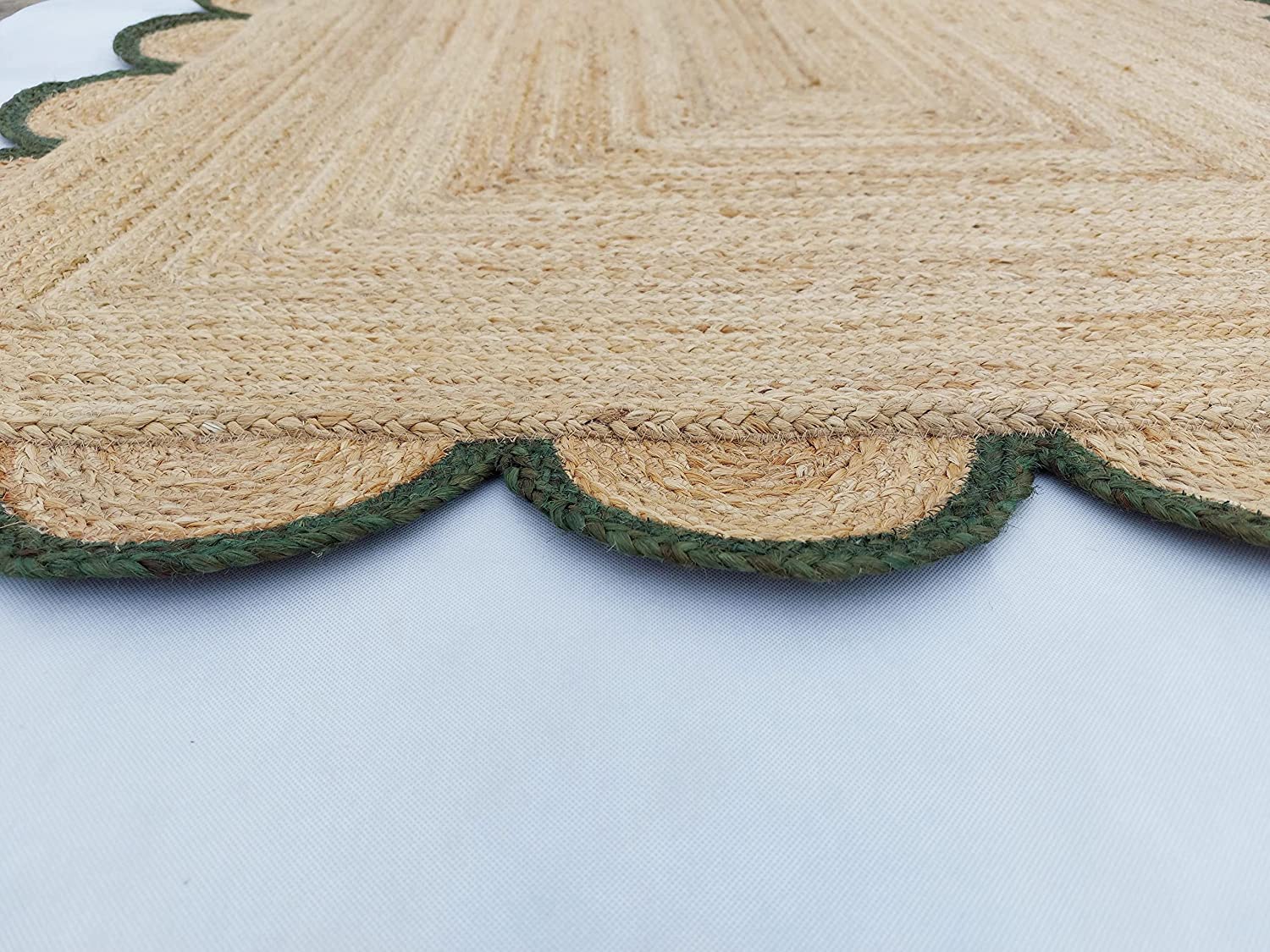 Handwoven Natural Jute Rug with Forest Green Scalloped Border | Eco-Friendly Boho Farmhouse Area Rug | Handmade Natural Fiber Carpet