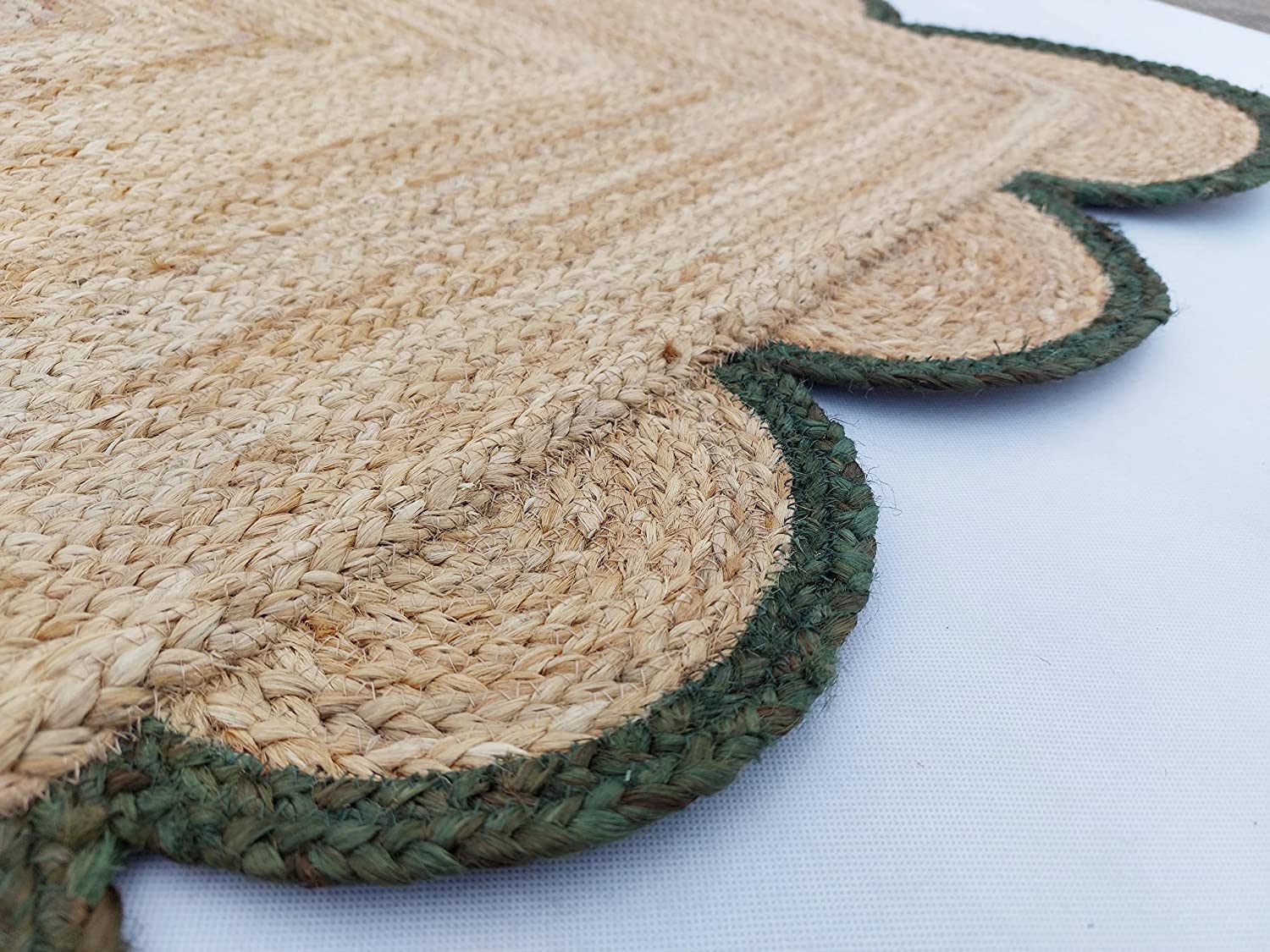 Handwoven Natural Jute Rug with Forest Green Scalloped Border | Eco-Friendly Boho Farmhouse Area Rug | Handmade Natural Fiber Carpet