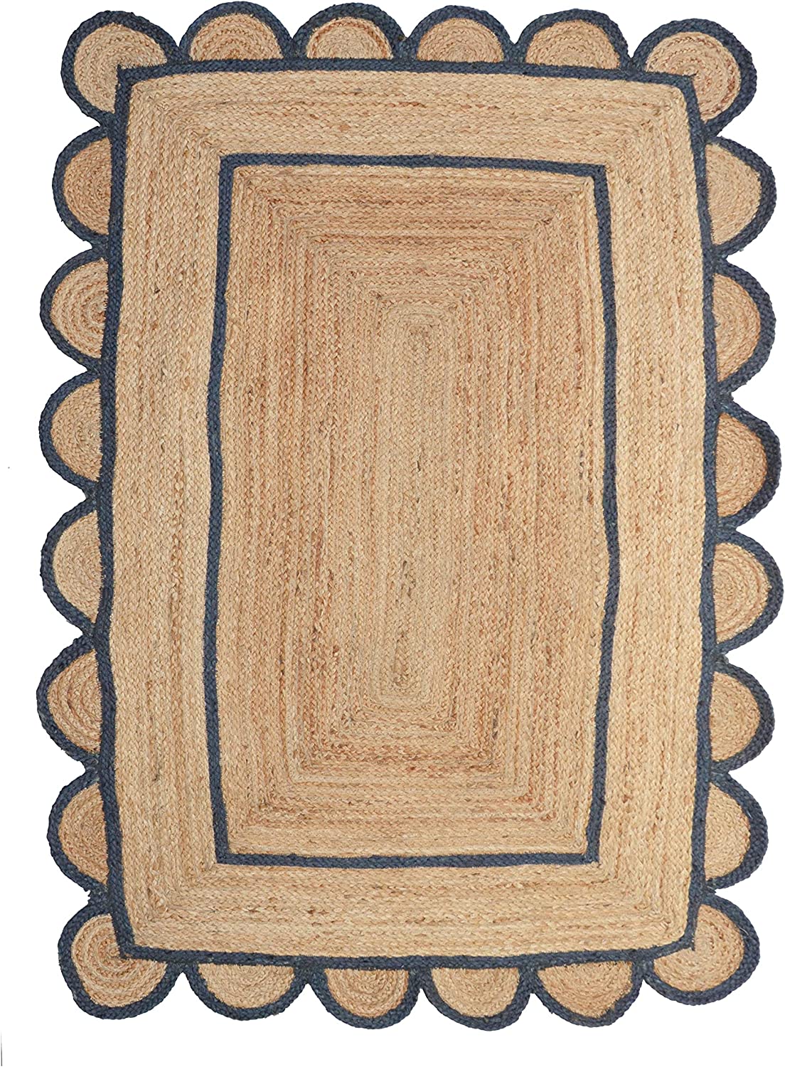 Handwoven Natural Jute Area Rug with Navy Blue Scalloped Border Boho Farmhouse Living Room