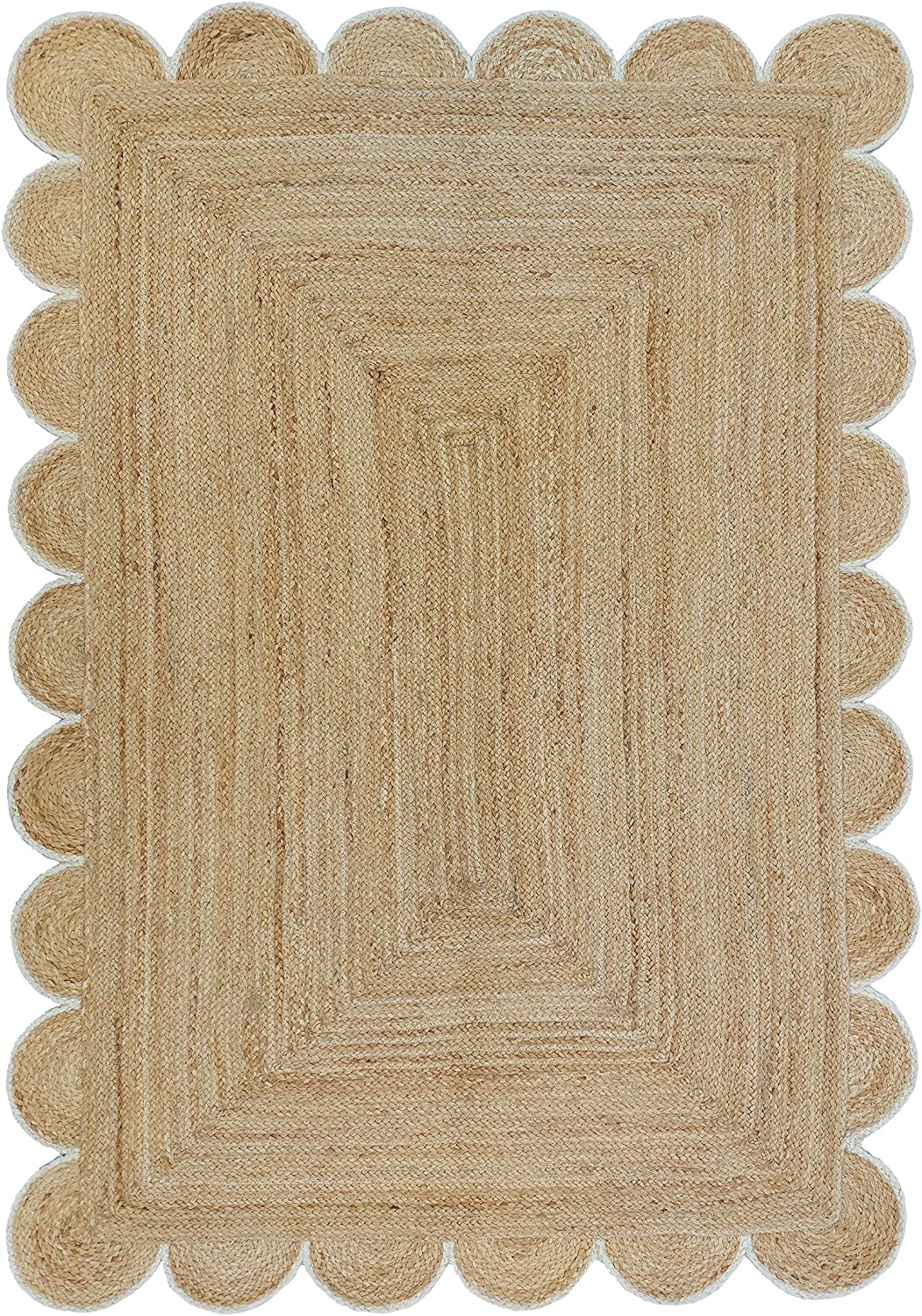 Handmade Natural Jute Scalloped Border Area Rug with White Trim