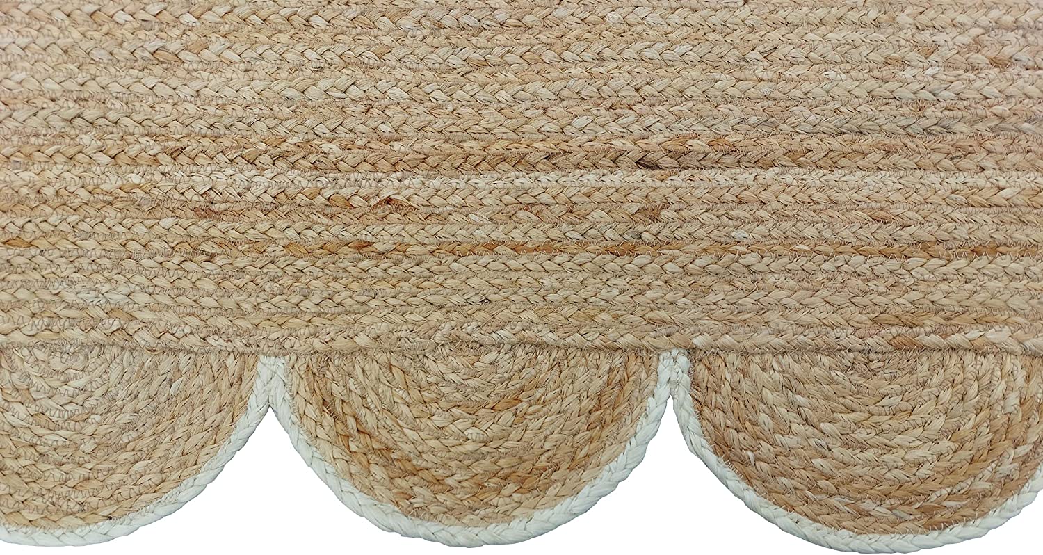 Handmade Natural Jute Scalloped Border Area Rug with White Trim