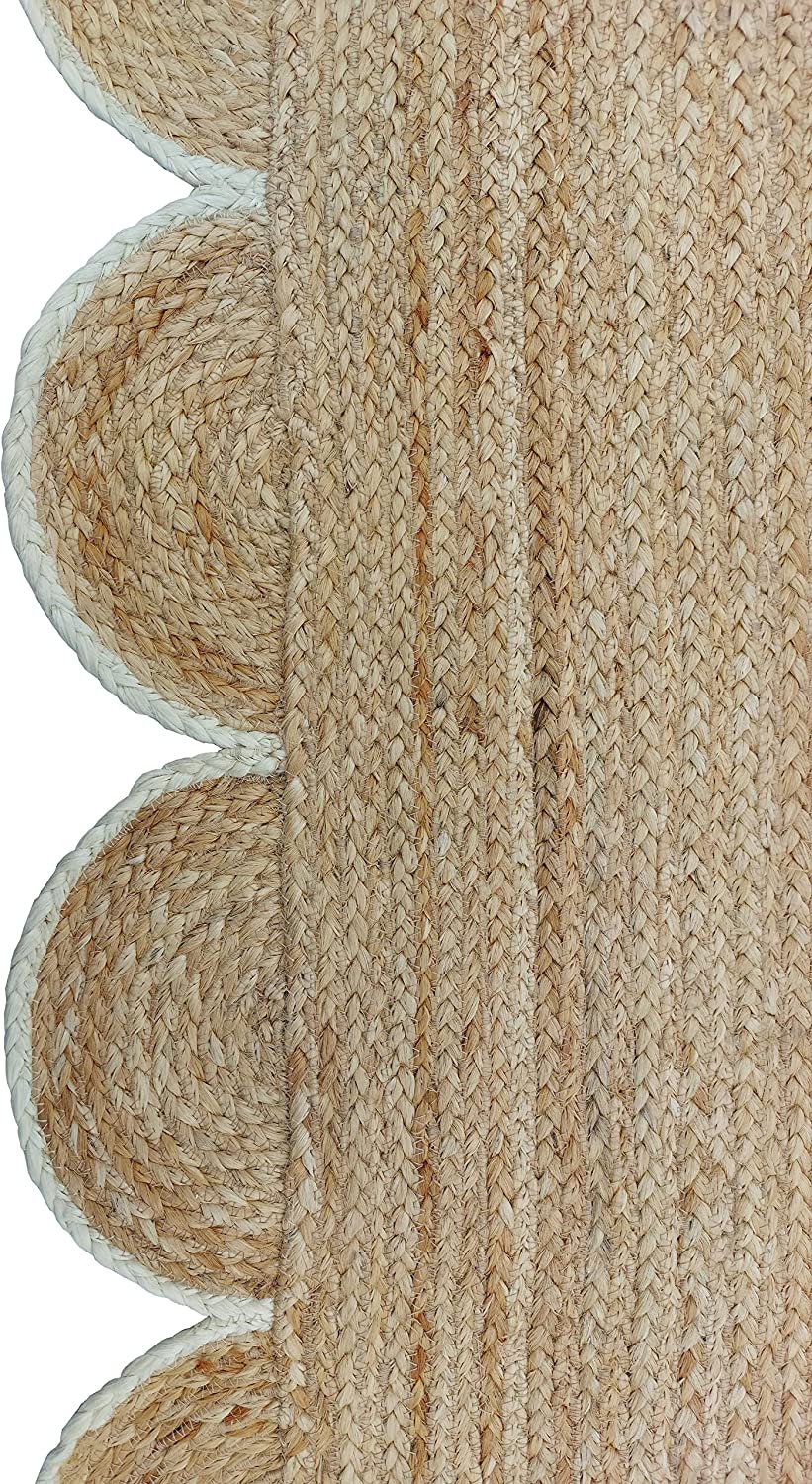 Handmade Natural Jute Scalloped Border Area Rug with White Trim