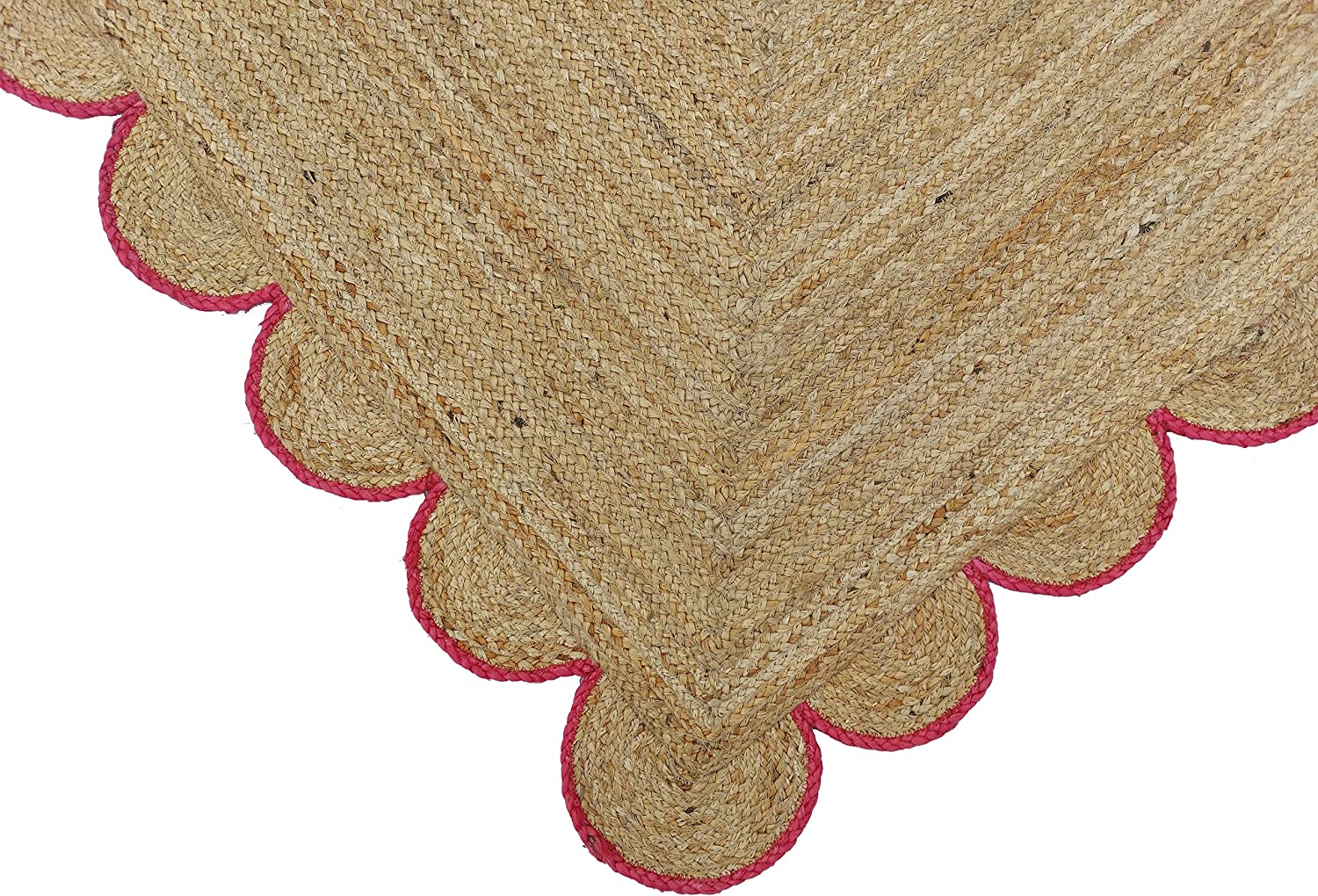 Handwoven Natural Jute Rug with Pink Scalloped Border | Boho Farmhouse Area Rug | Eco-Friendly Braided Living Room Carpet