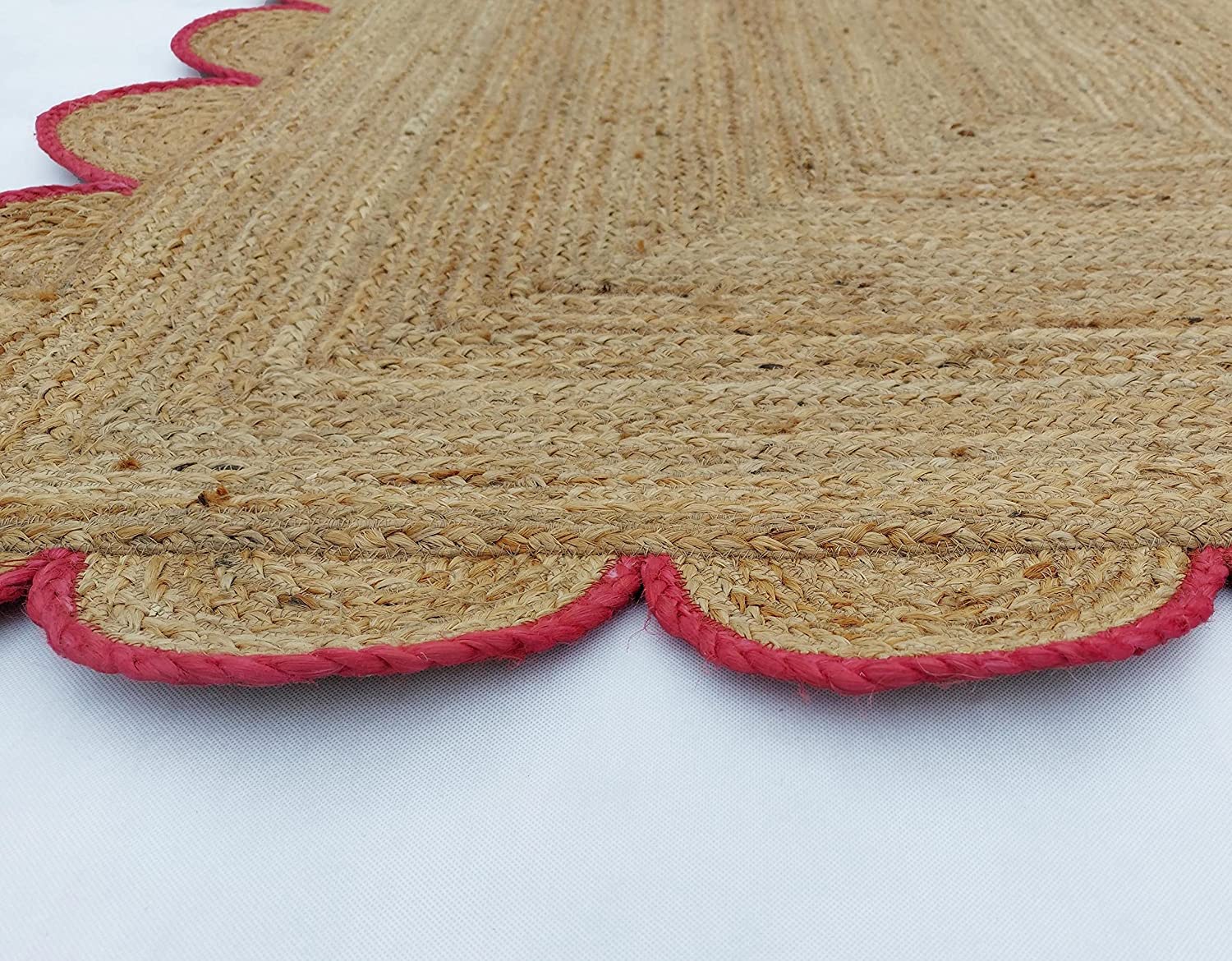 Handwoven Natural Jute Rug with Pink Scalloped Border | Boho Farmhouse Area Rug | Eco-Friendly Braided Living Room Carpet