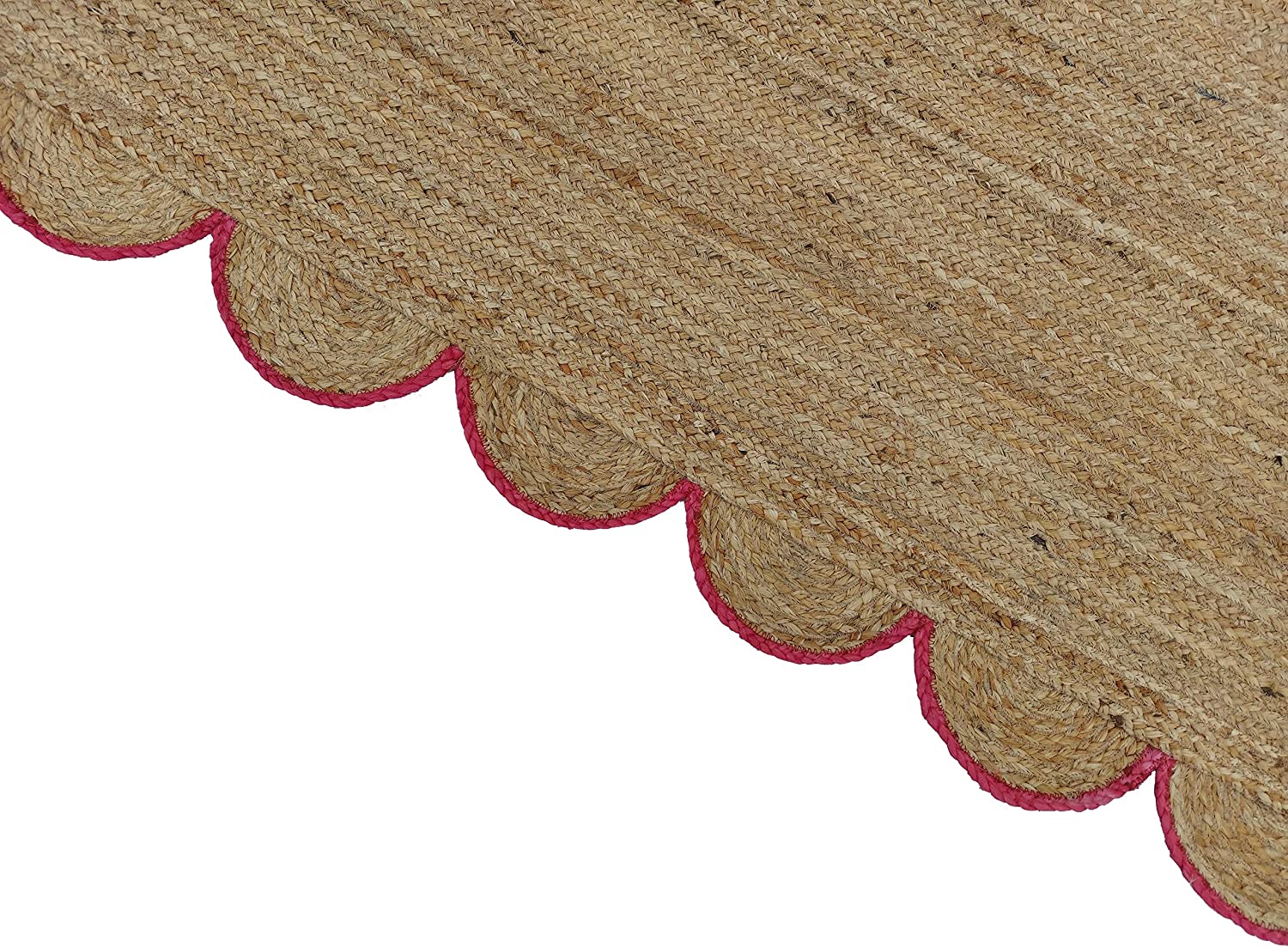 Handwoven Natural Jute Rug with Pink Scalloped Border | Boho Farmhouse Area Rug | Eco-Friendly Braided Living Room Carpet