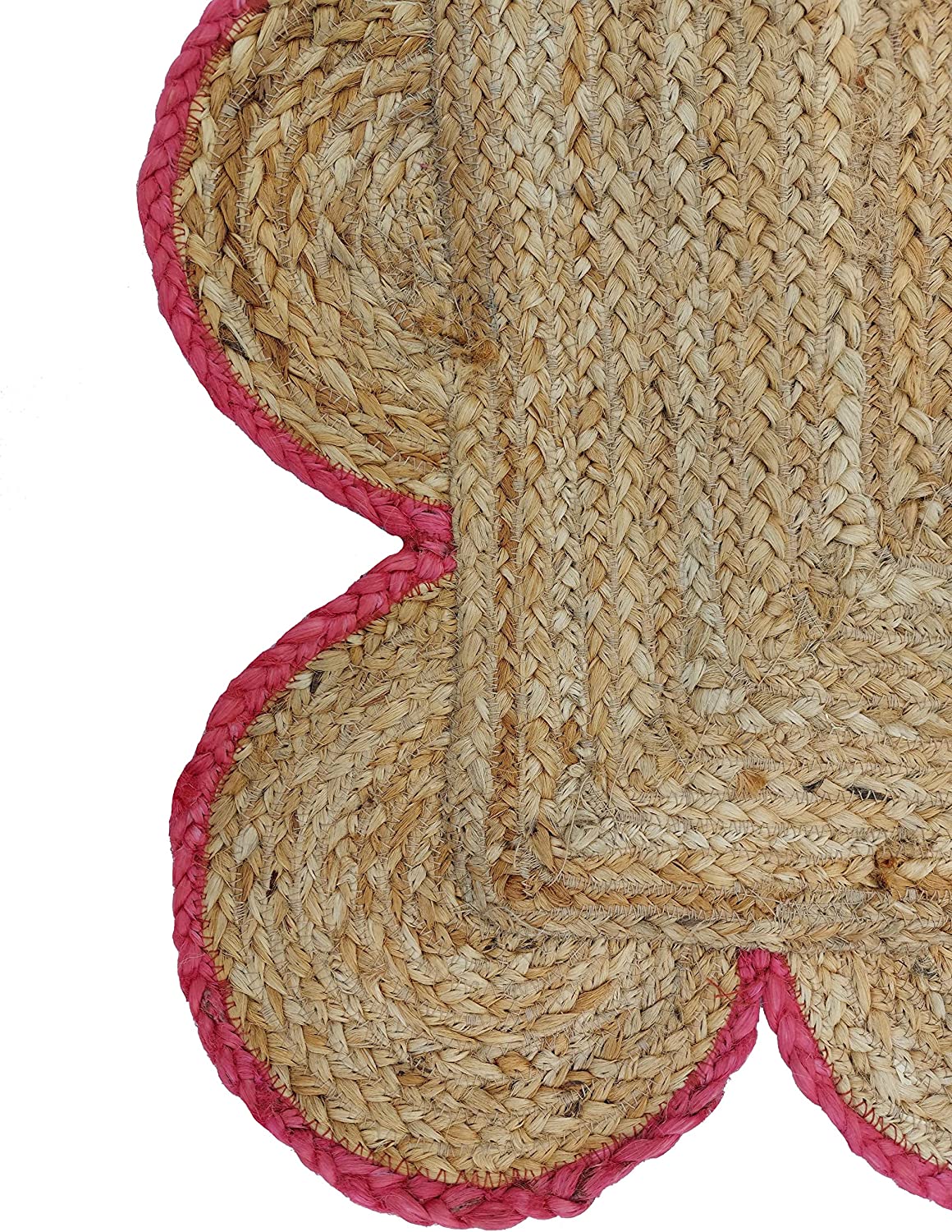 Handwoven Natural Jute Rug with Pink Scalloped Border | Boho Farmhouse Area Rug | Eco-Friendly Braided Living Room Carpet