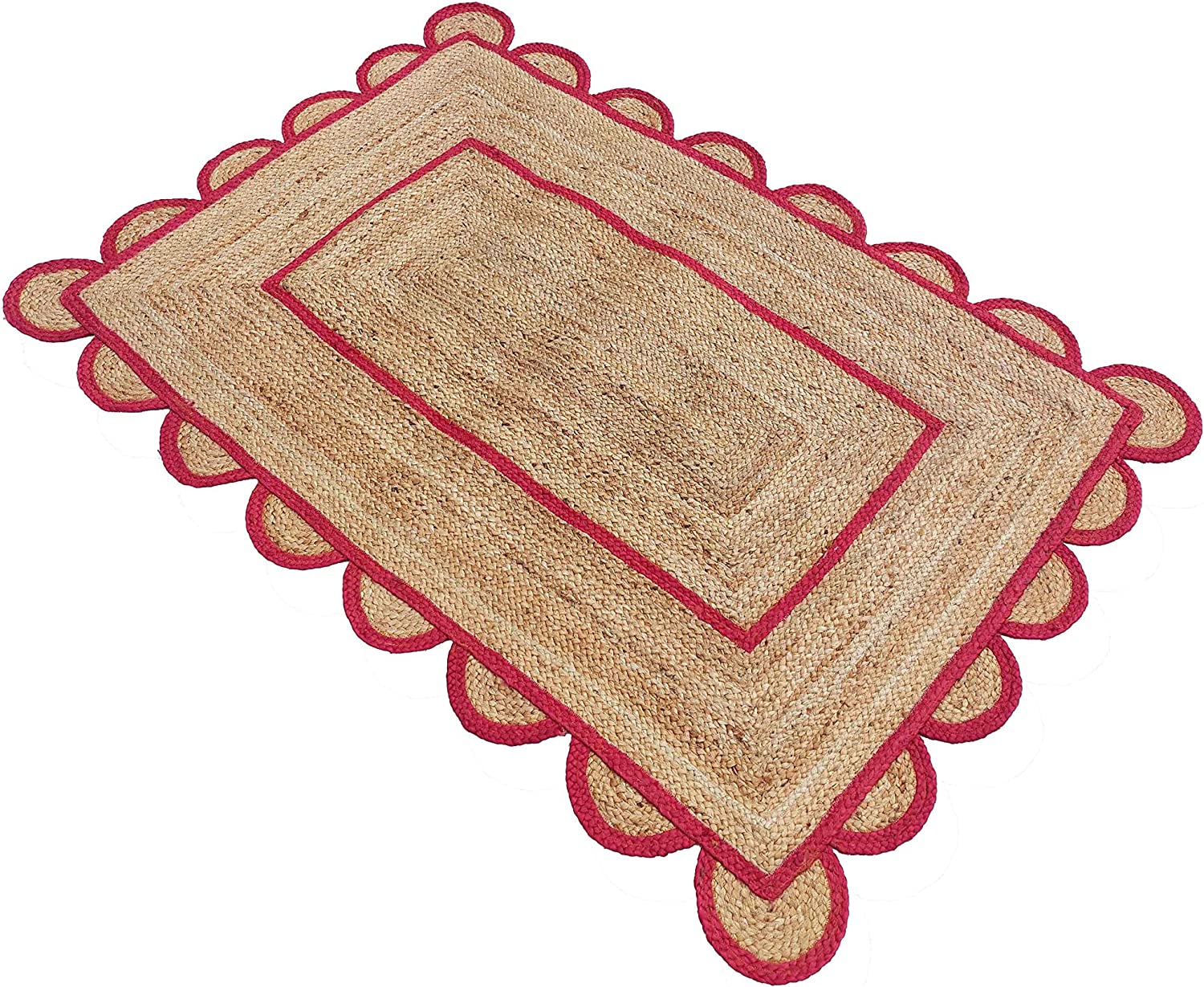 Modern living room featuring a handmade natural jute area rug with a red scalloped border, braided texture, wooden furniture, and Scandinavian boho home décor.