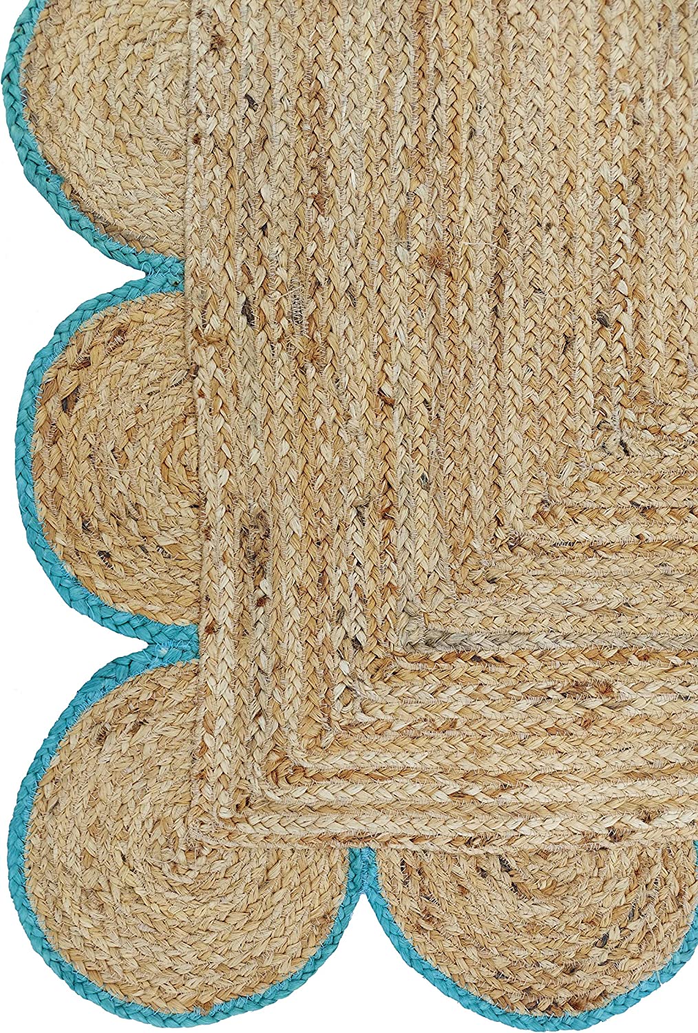 Handwoven Natural Jute Rug with Teal Scalloped Border | Eco-Friendly Boho Area Rug | Farmhouse Living Room Carpet