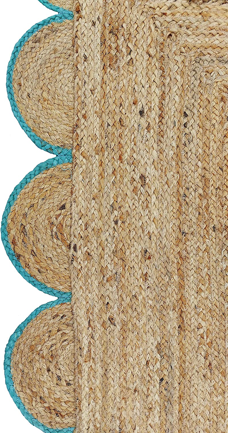 Handwoven Natural Jute Rug with Teal Scalloped Border | Eco-Friendly Boho Area Rug | Farmhouse Living Room Carpet