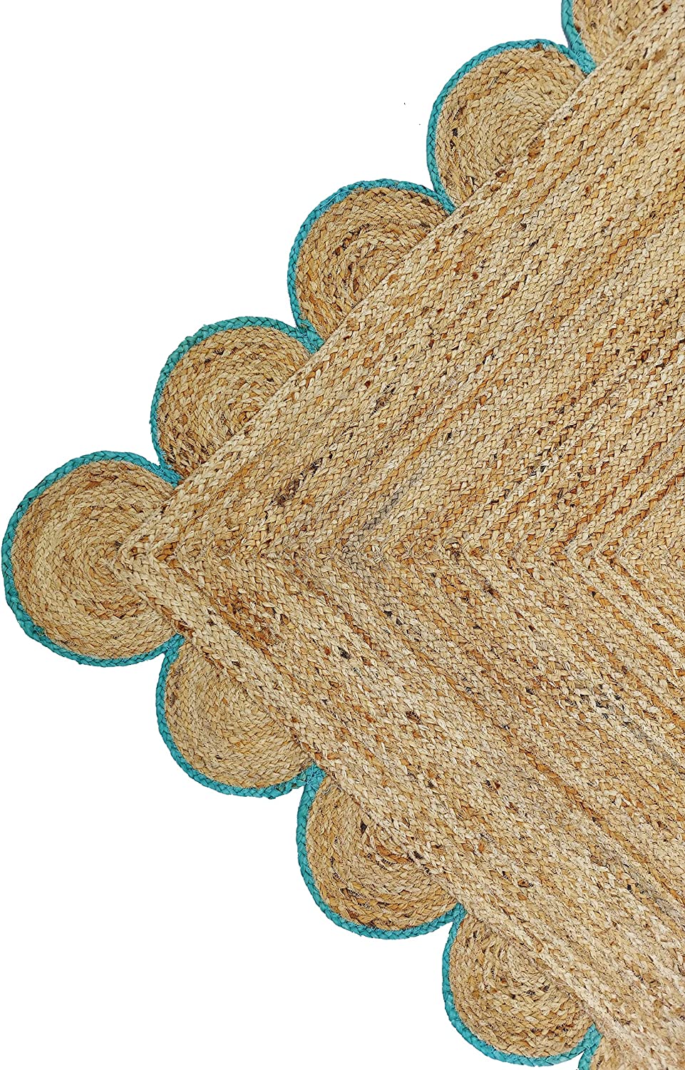 Handwoven Natural Jute Rug with Teal Scalloped Border | Eco-Friendly Boho Area Rug | Farmhouse Living Room Carpet