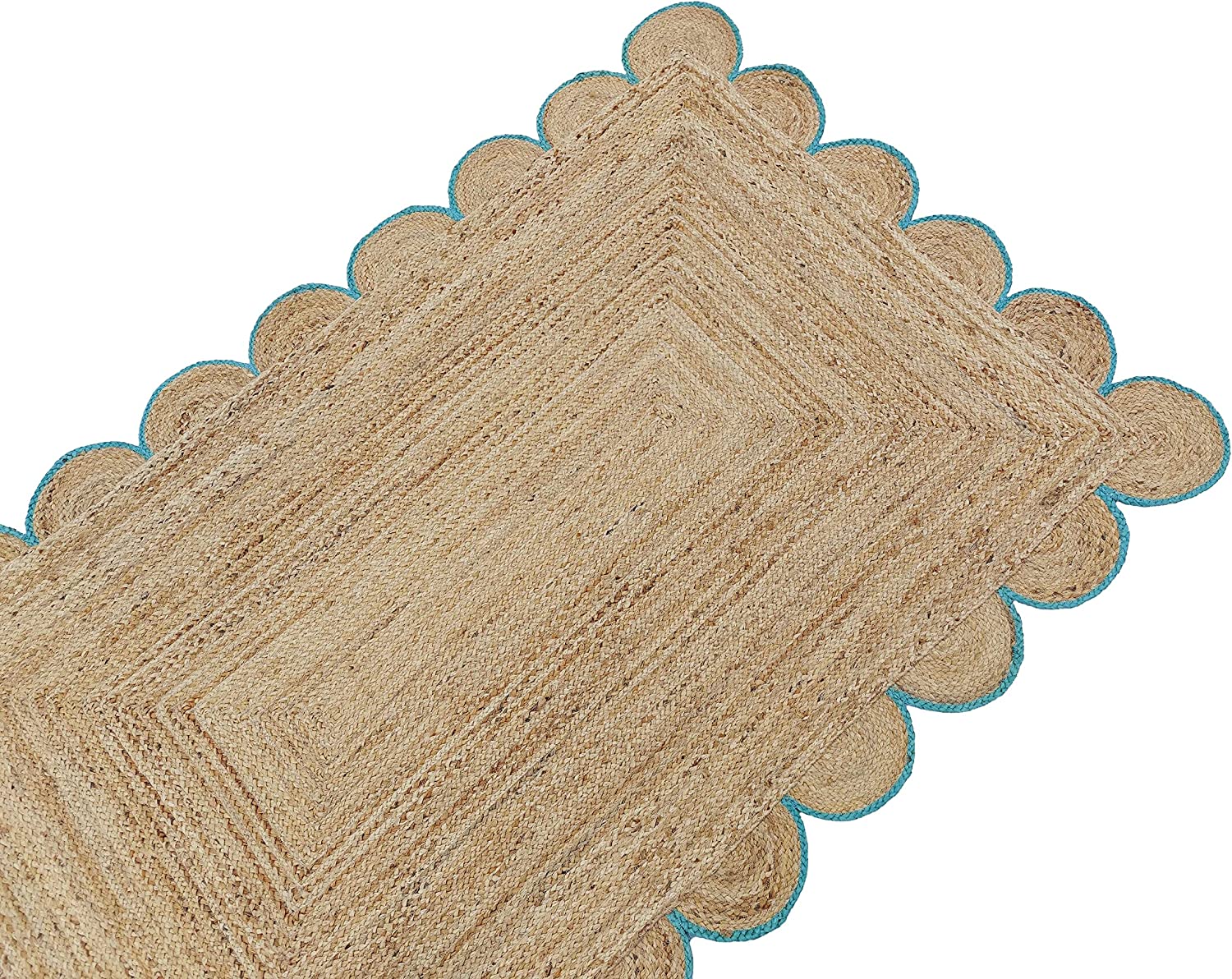 Handwoven Natural Jute Rug with Teal Scalloped Border | Eco-Friendly Boho Area Rug | Farmhouse Living Room Carpet