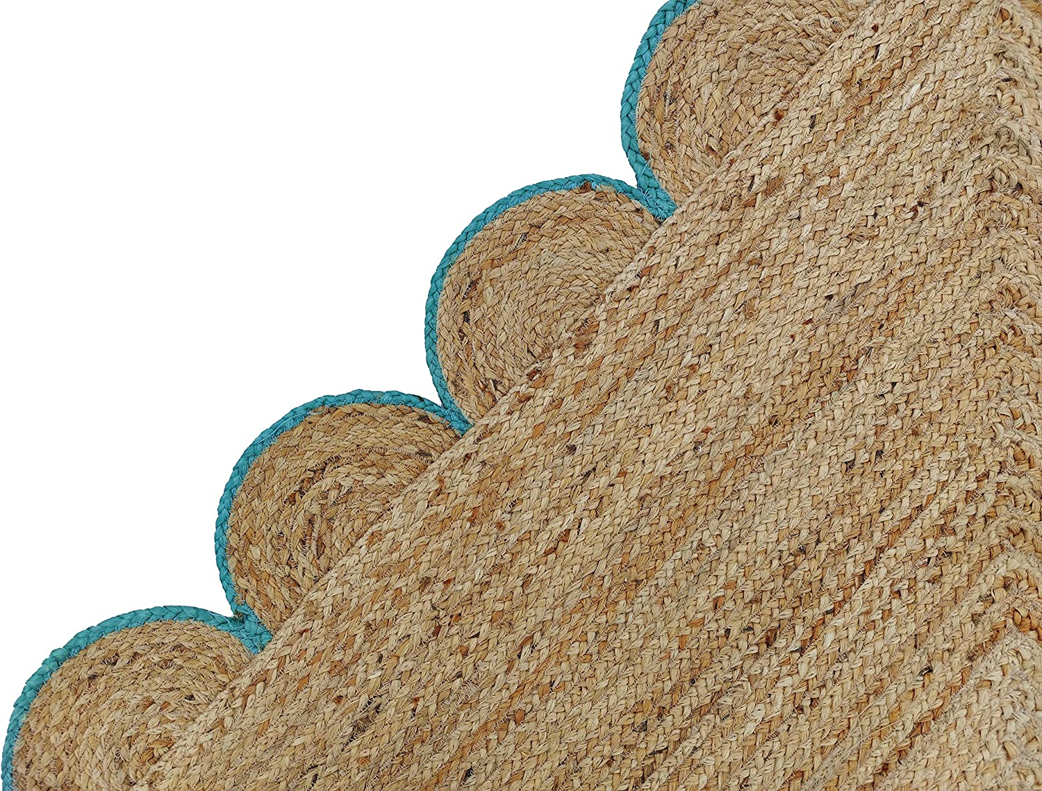 Handwoven Natural Jute Rug with Teal Scalloped Border | Eco-Friendly Boho Area Rug | Farmhouse Living Room Carpet
