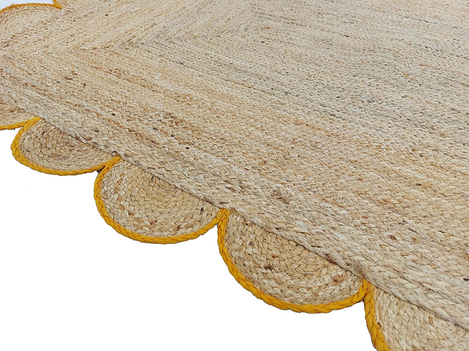 Handmade Natural Jute Scalloped Border Area Rug with Mustard Trim