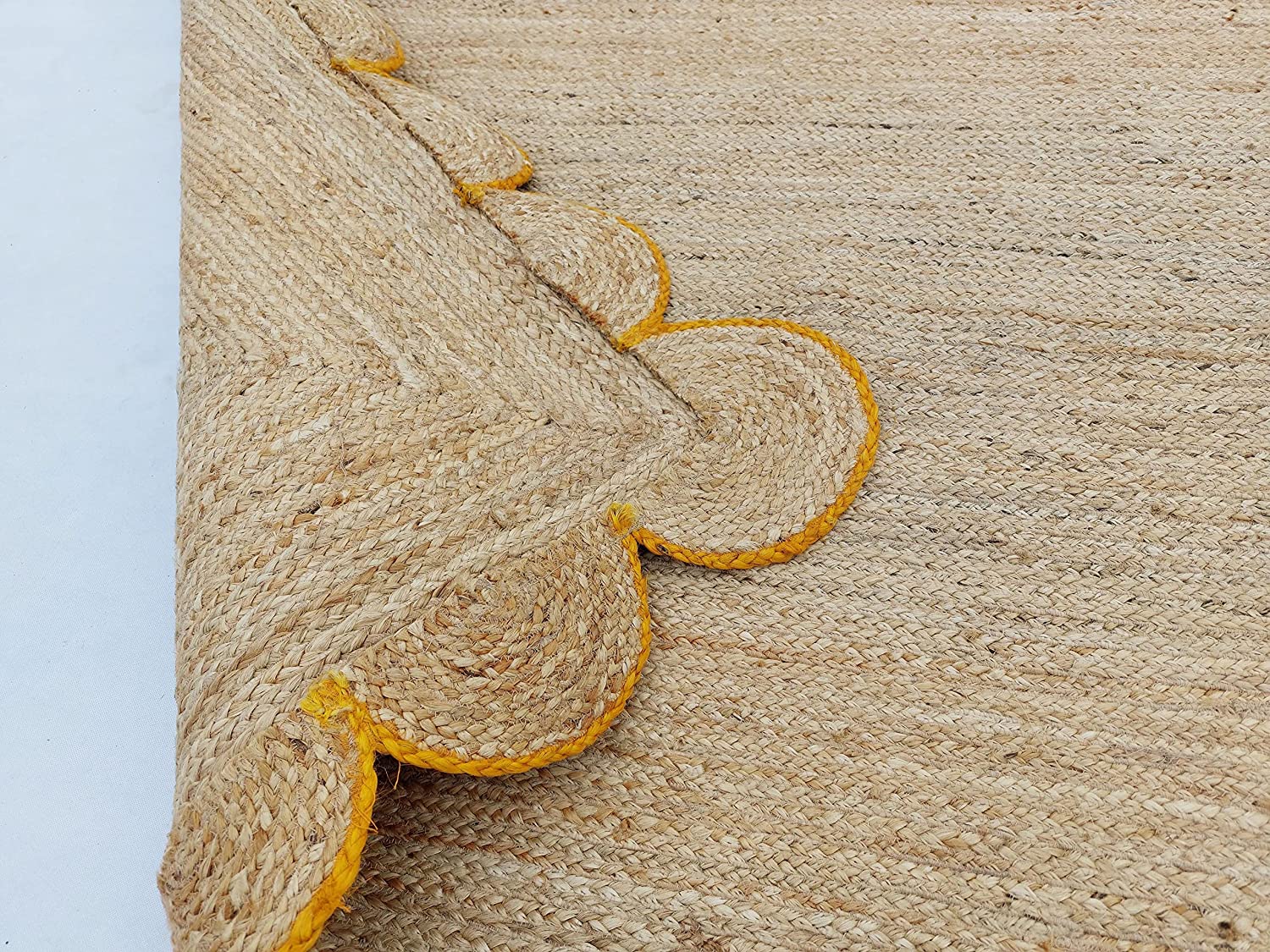 Handmade Natural Jute Scalloped Border Area Rug with Mustard Trim