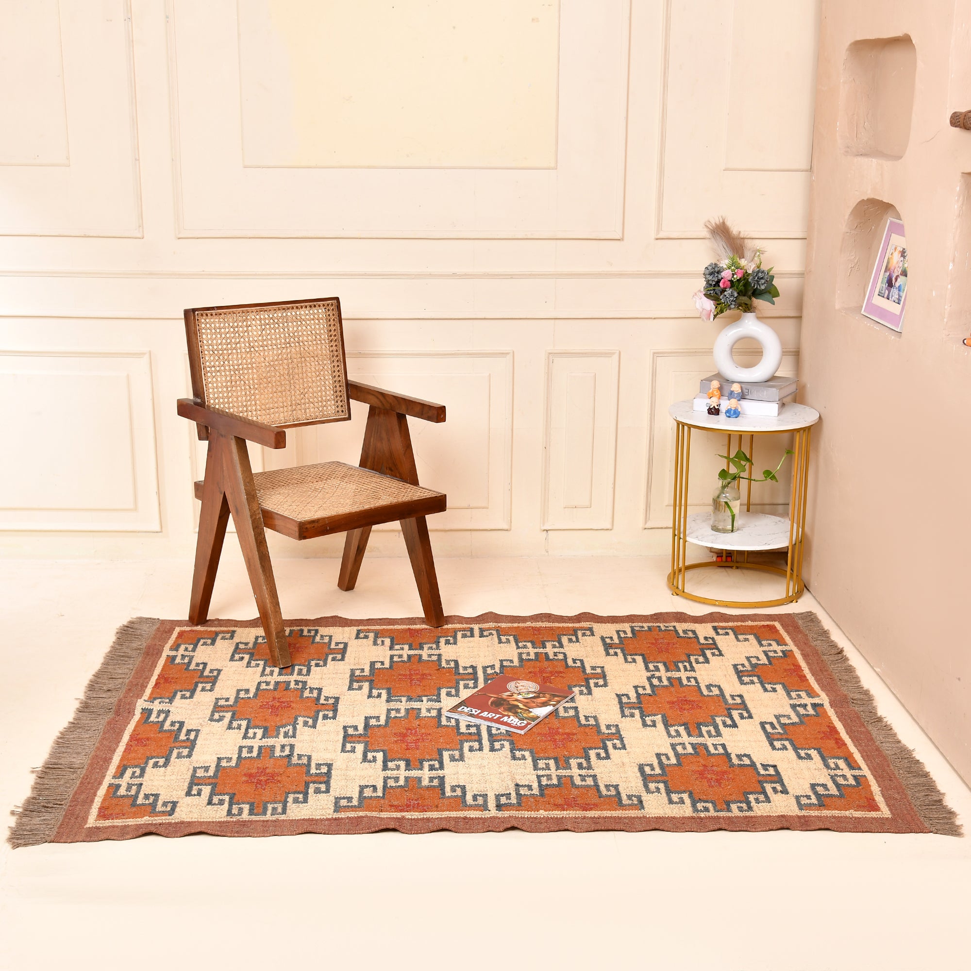 Handwoven Peach Tribal Kilim Area Rug Handmade Wool Jute Flatweave Rug