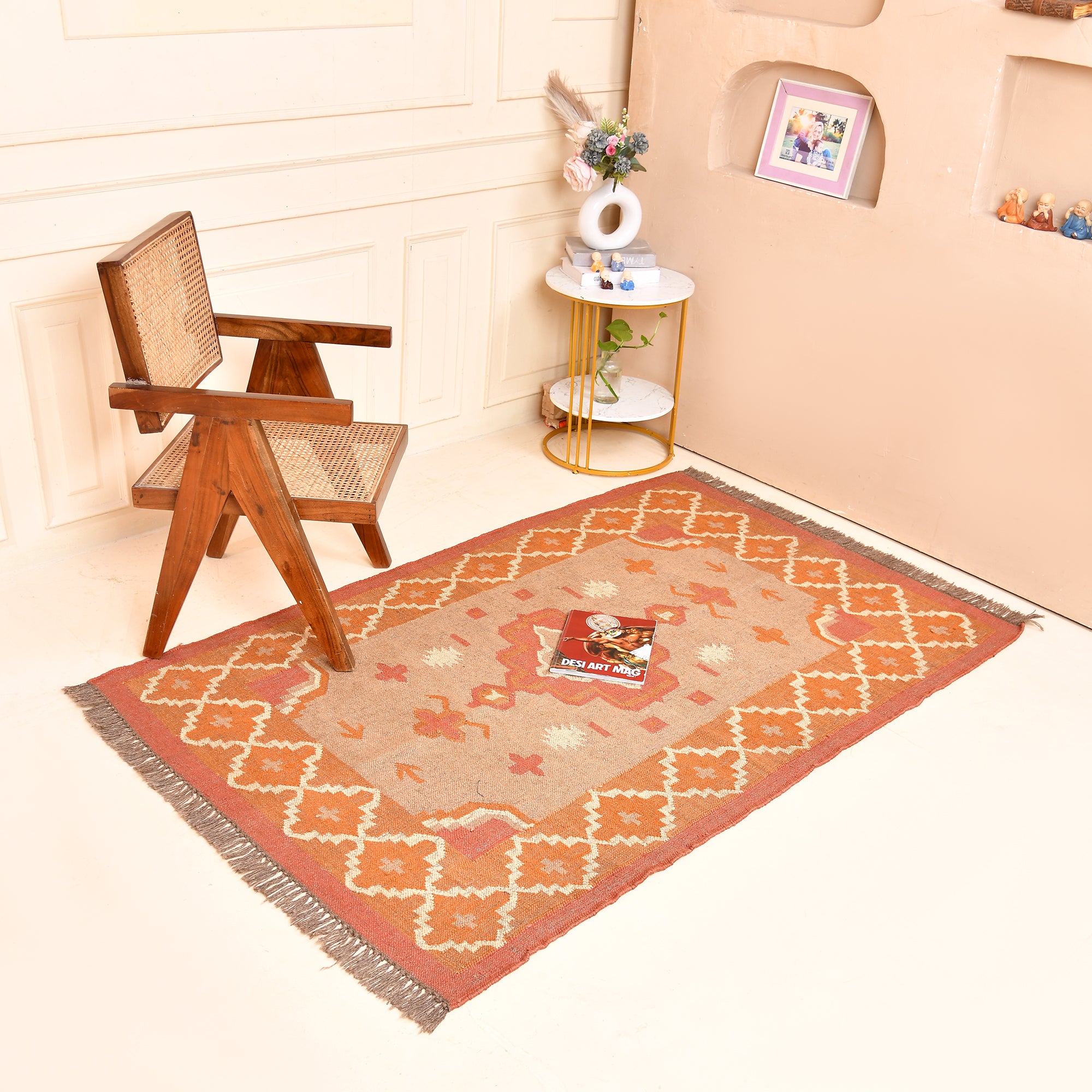 Handwoven Peach Kilim Area Rug Handmade wool Jute Boho Rug