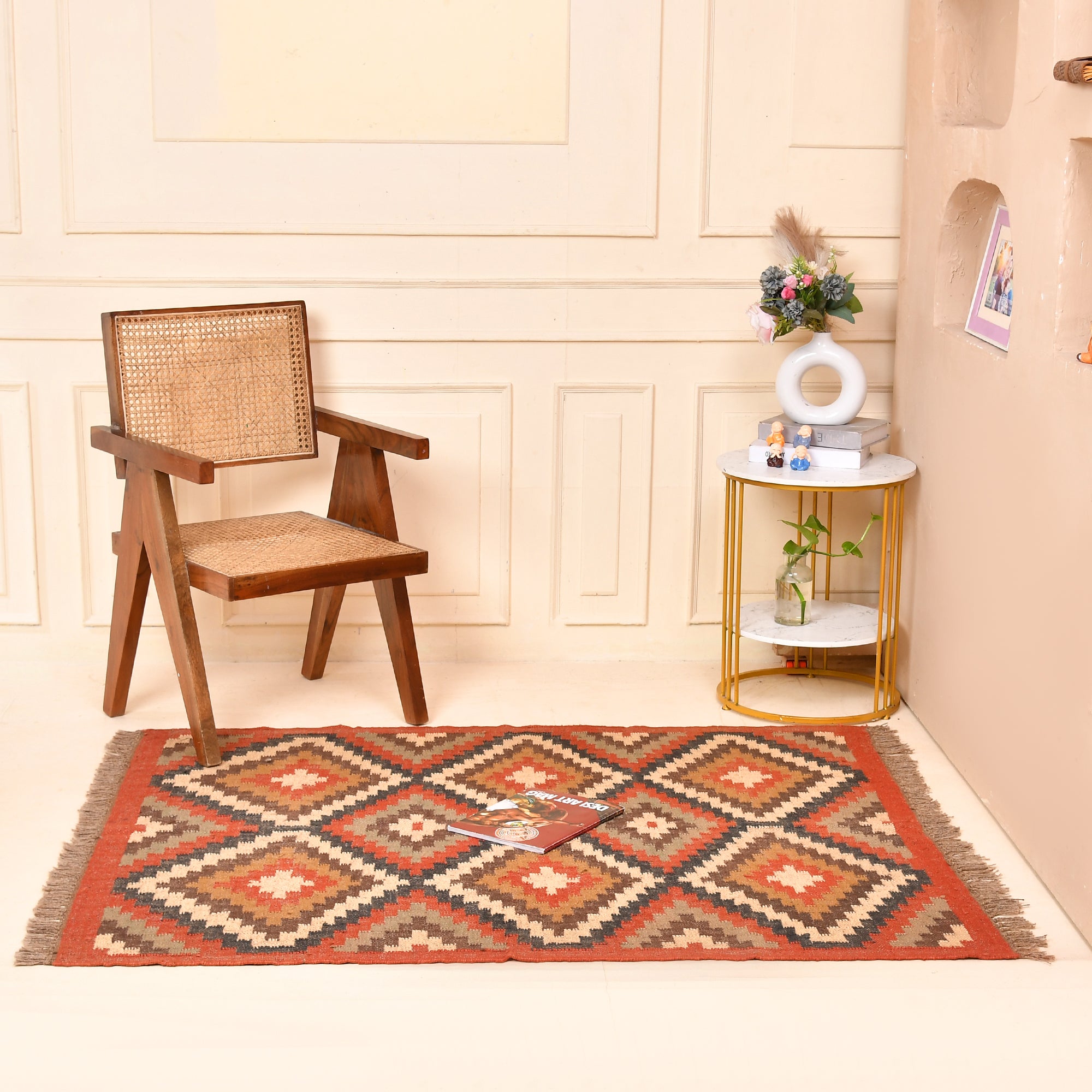 Handwoven Terracotta Kilim Area Rug Handmade Wool Jute Geometric Rug